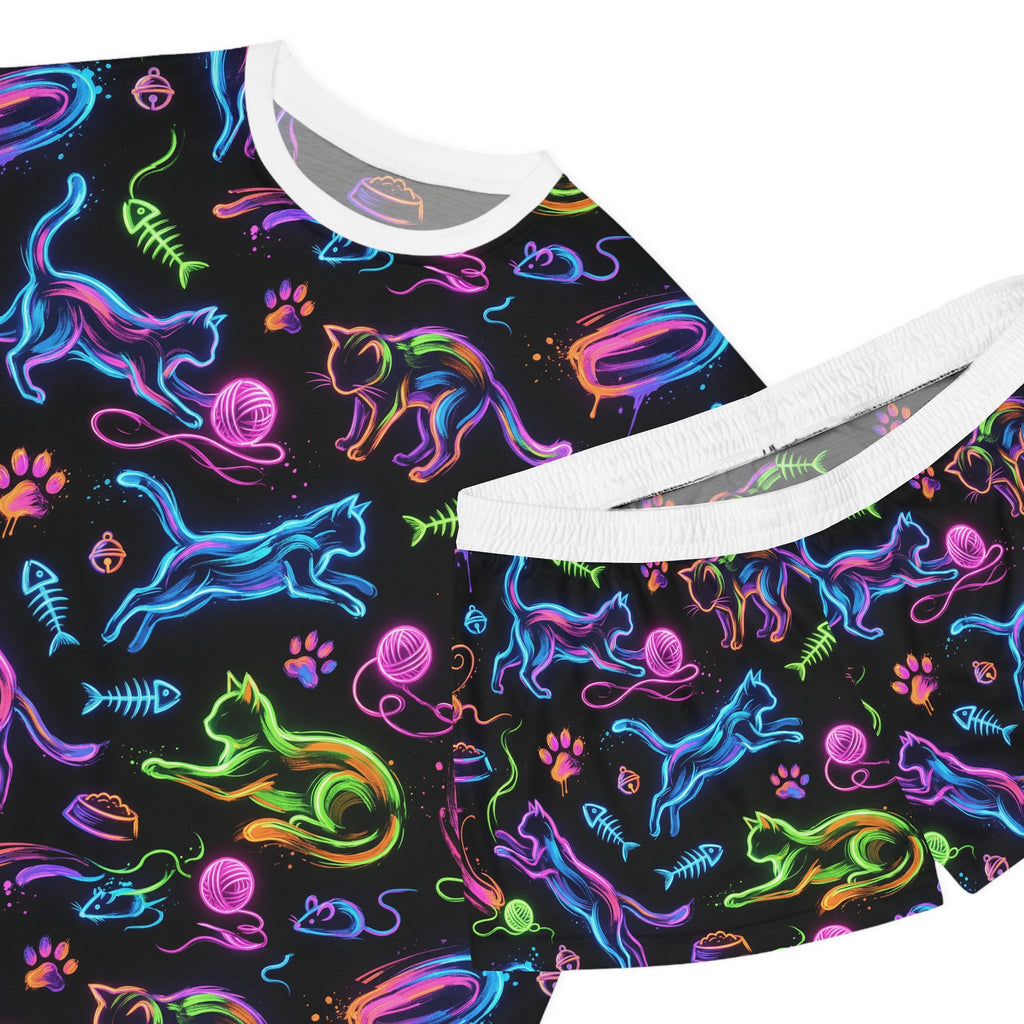 Women's Pajama Set — Neon Cat Pattern Short Sleepwear