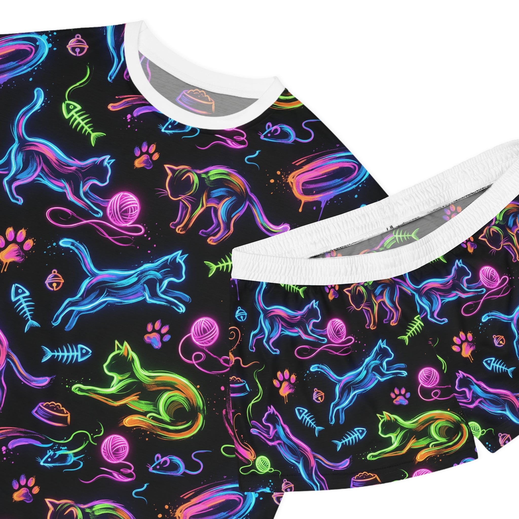 Women's Pajama Set — Neon Cat Pattern Short Sleepwear