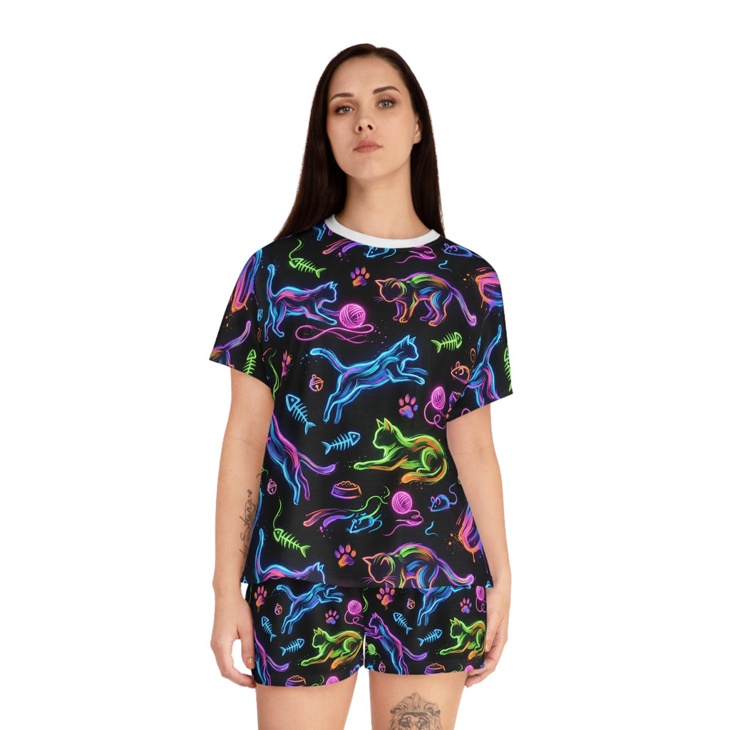 Women's Pajama Set — Neon Cat Pattern Short Sleepwear