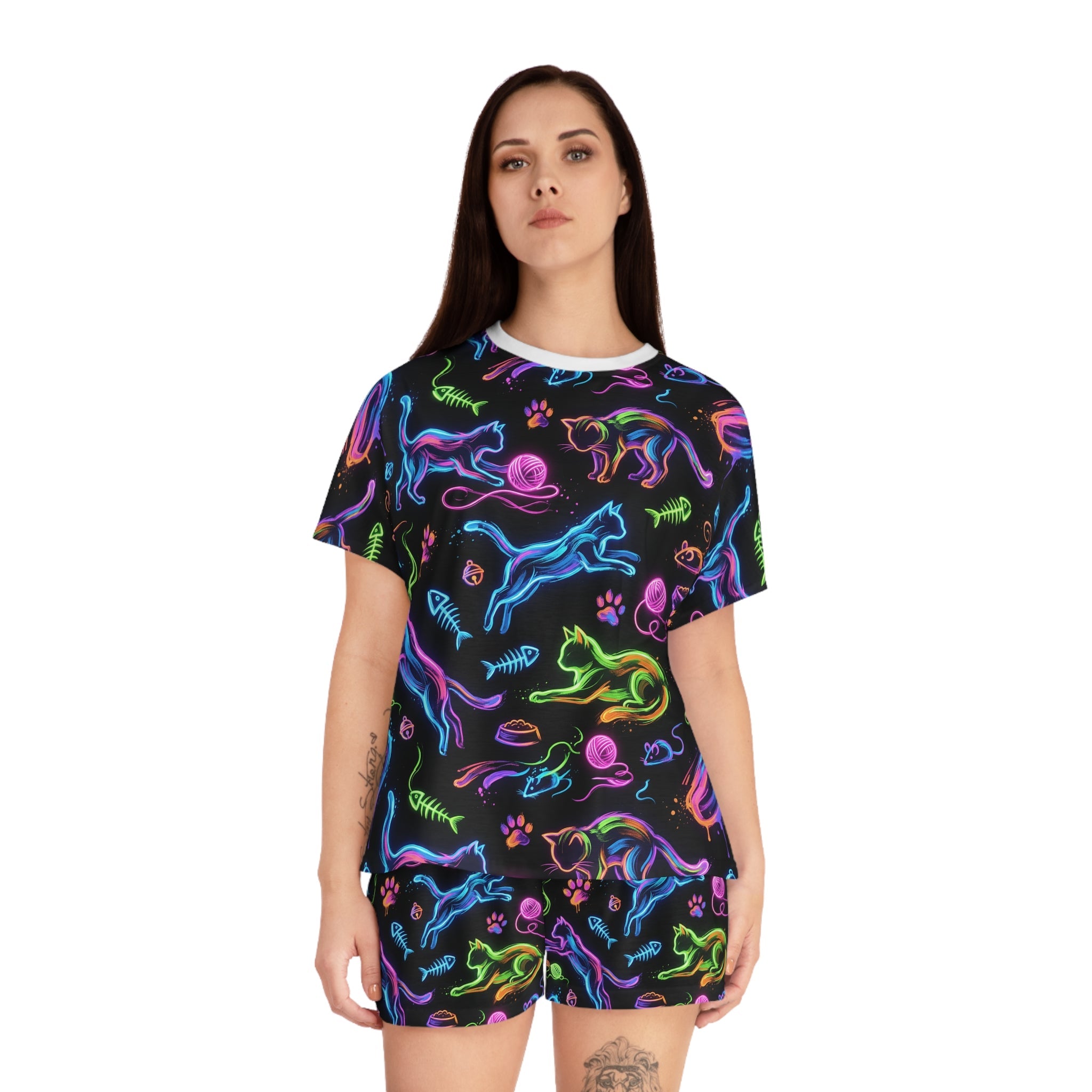 Women's Pajama Set — Neon Cat Pattern Short Sleepwear