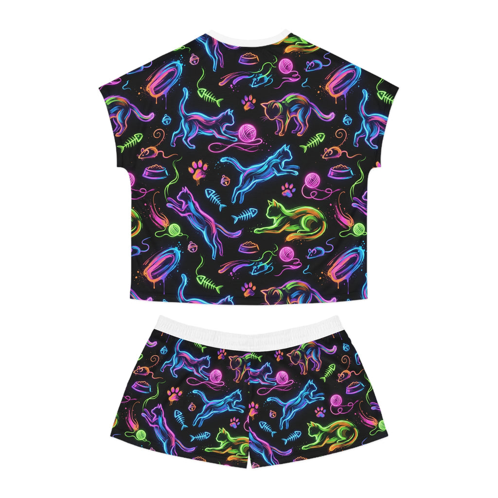 Women's Pajama Set — Neon Cat Pattern Short Sleepwear