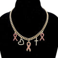 Pink Ribbon Heart Cross Charm Chain Necklace