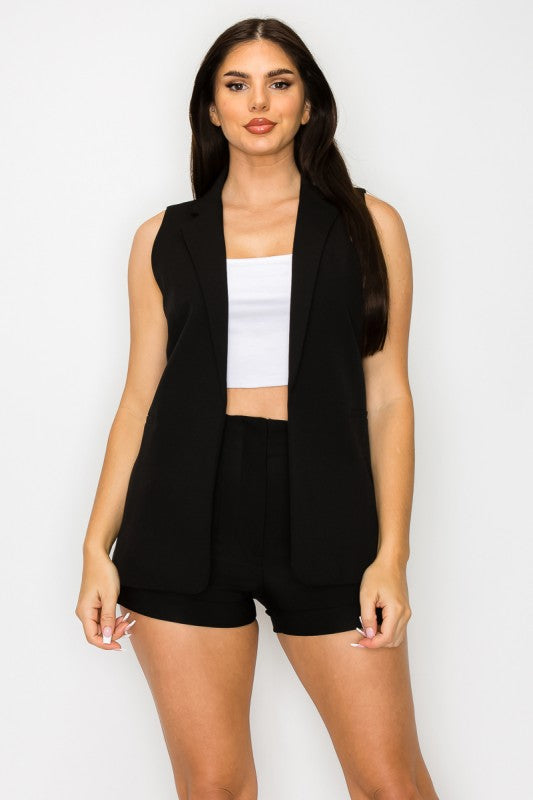 Dressy Pleated High waist Shorts & Long Vest Set