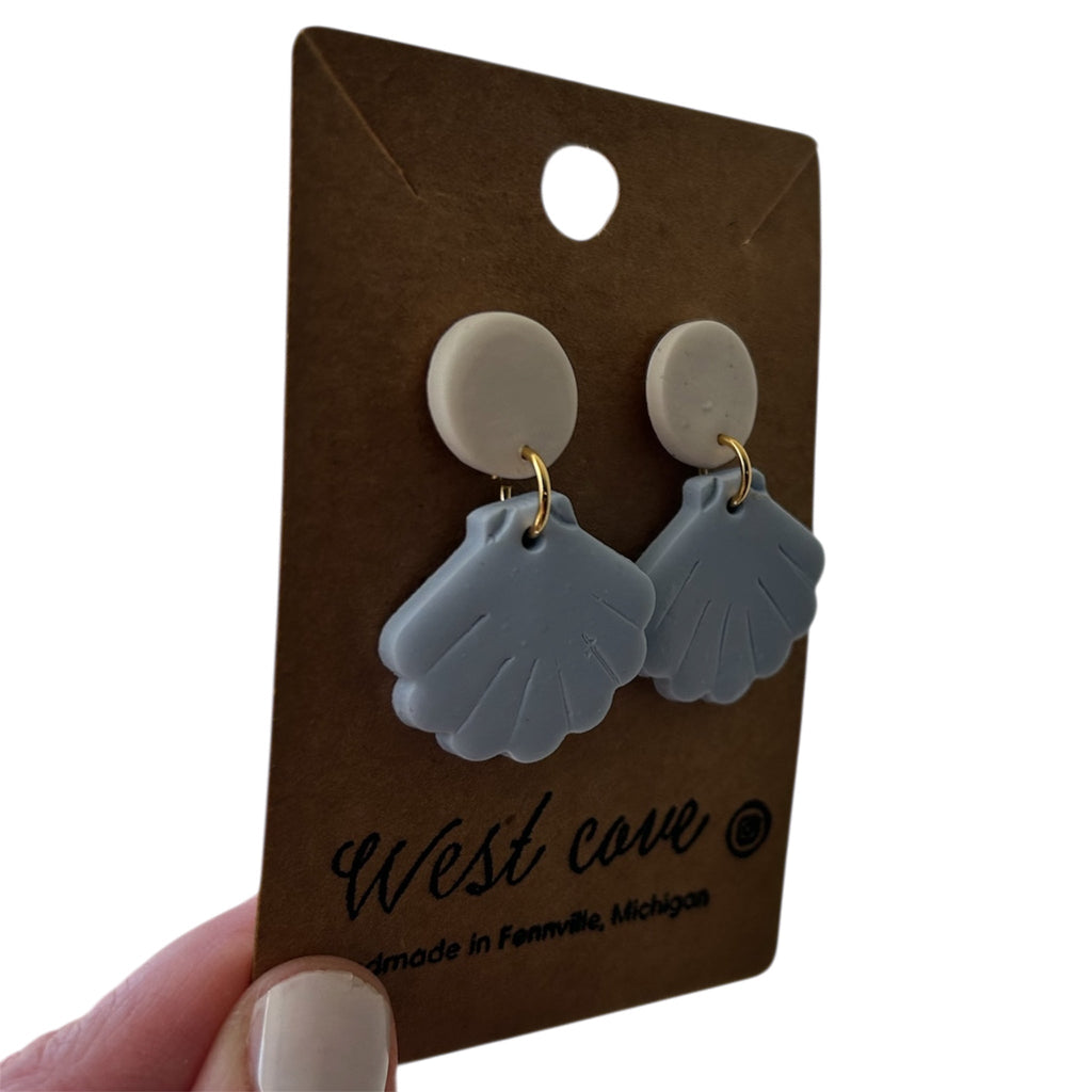 Blue Sea Shell Polymer Clay Stud Dangle Earrings Coastal Beachy Hypoallergenic