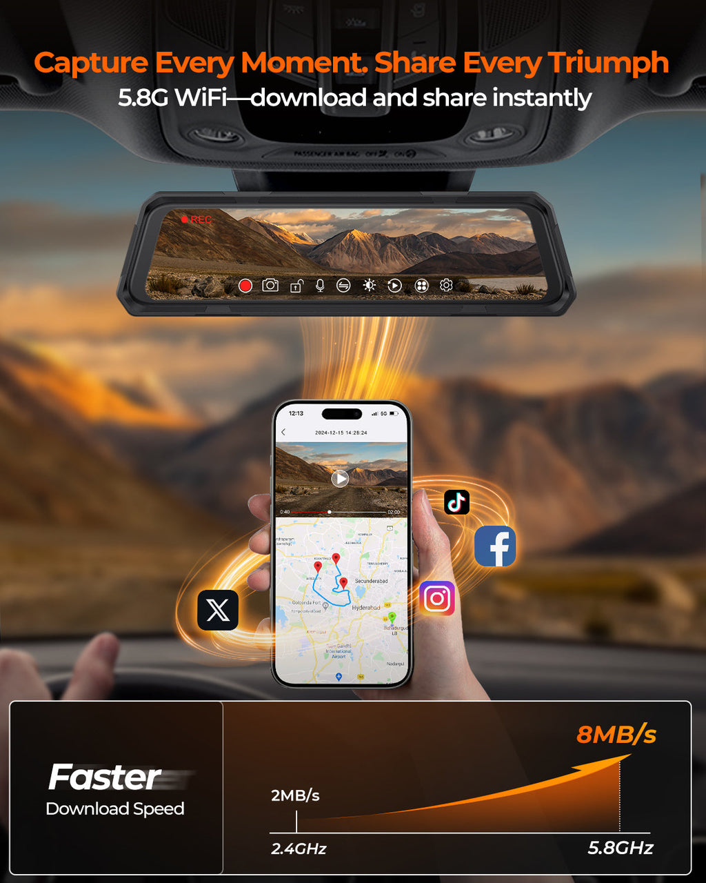 The Legend 3CH Waterproof Mirror Dash Cam, 1080P/60fps, 3-Cam