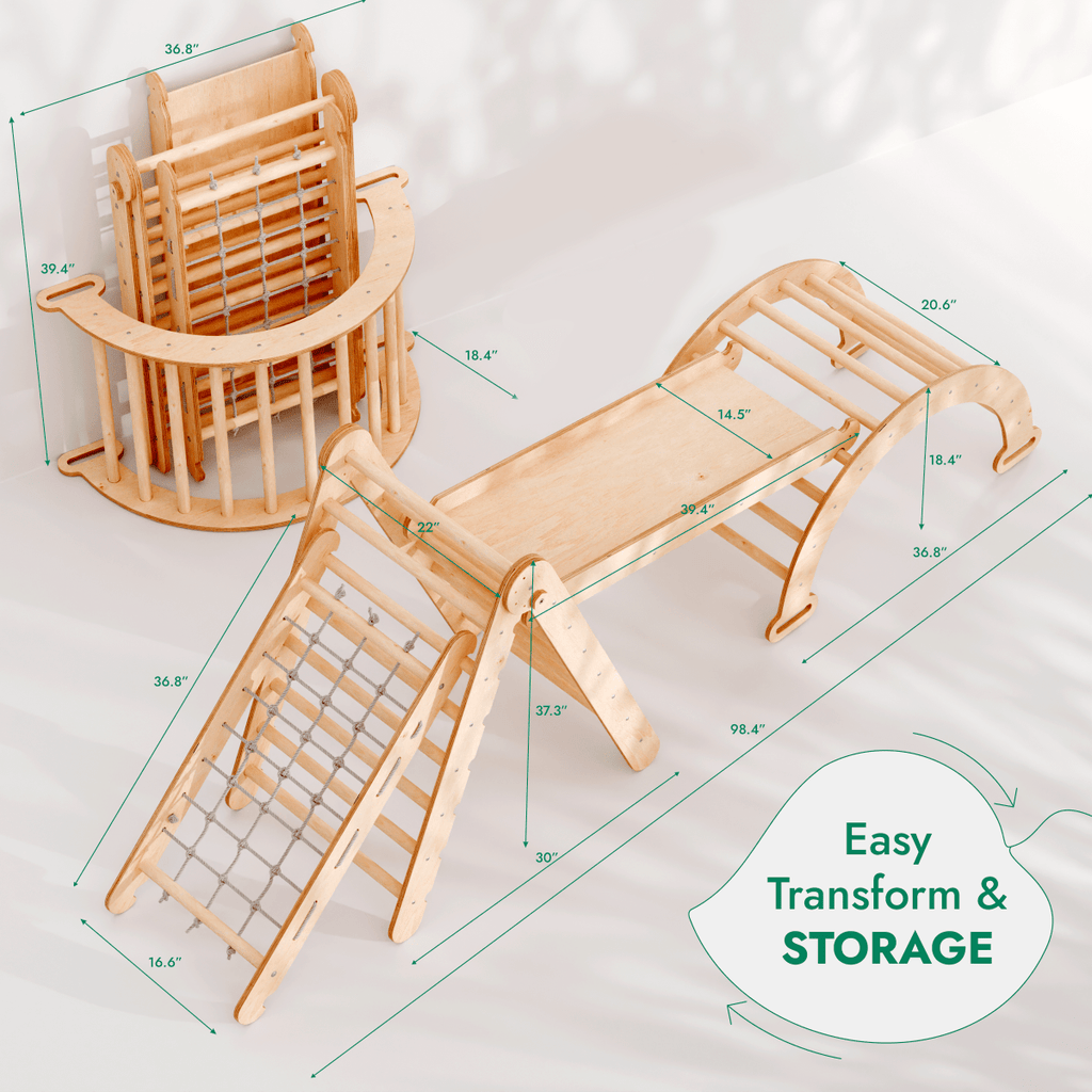 4in1 Montessori Climbing Set: Triangle Ladder + Climbing Arch + Slide Board + Net – Beige