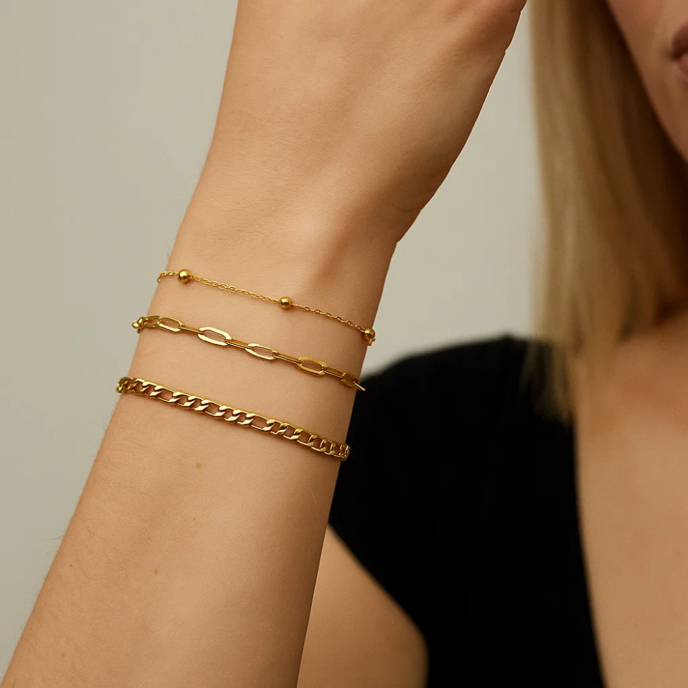 Adriana 3-Piece Stackable Bracelet Trio Set, Beaded, Figaro, Paperclip Link