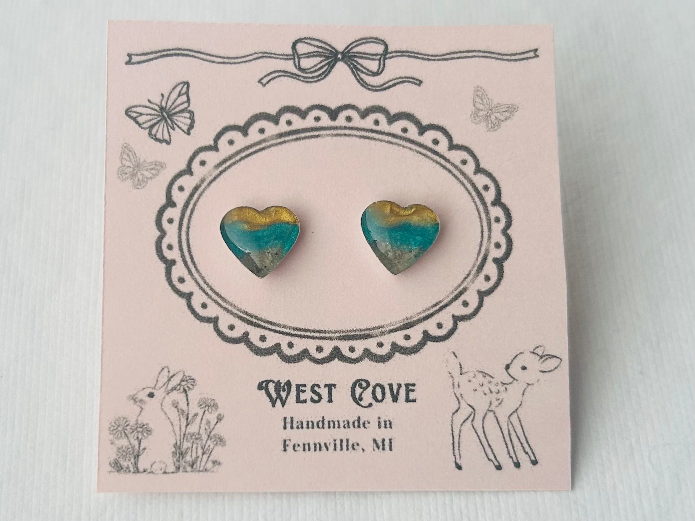 Sunset heart earrings with Oval Beach sand