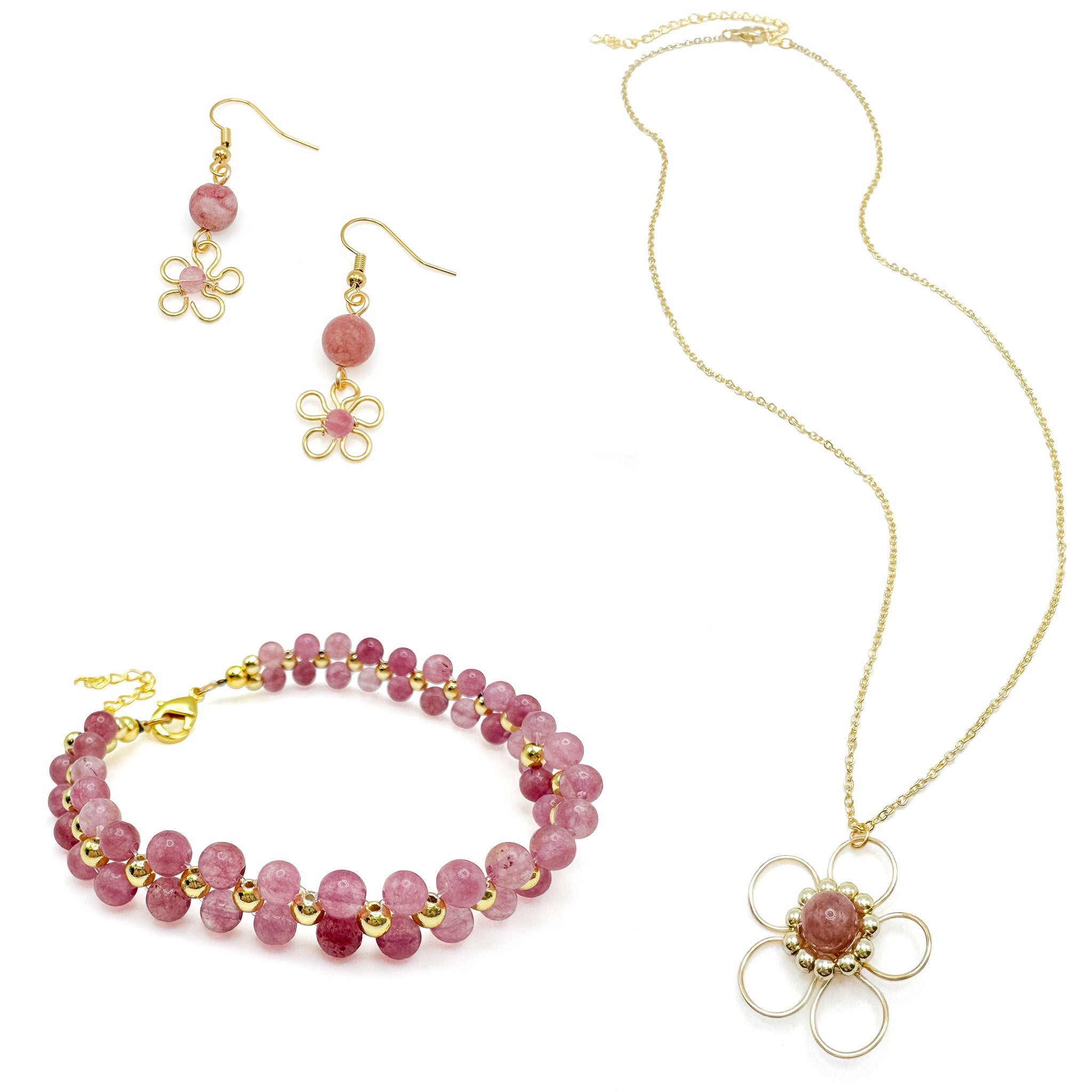 Astrid gold and pink agate beaded adjustable bracelet