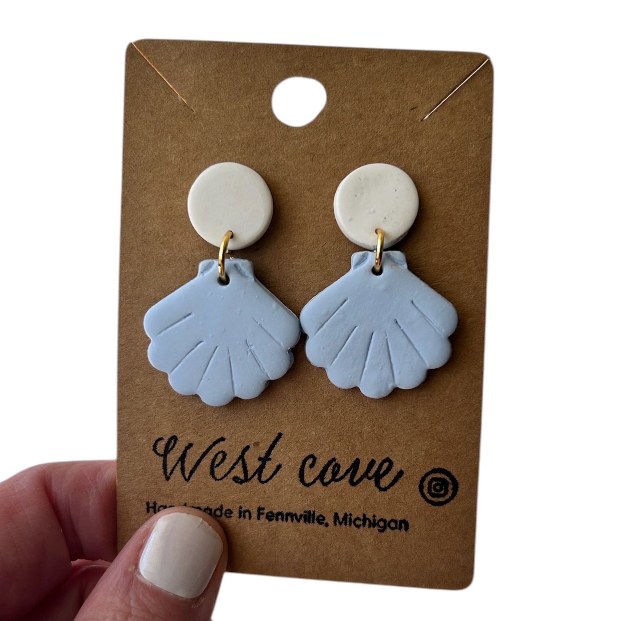 Blue Sea Shell Polymer Clay Stud Dangle Earrings Coastal Beachy Hypoallergenic