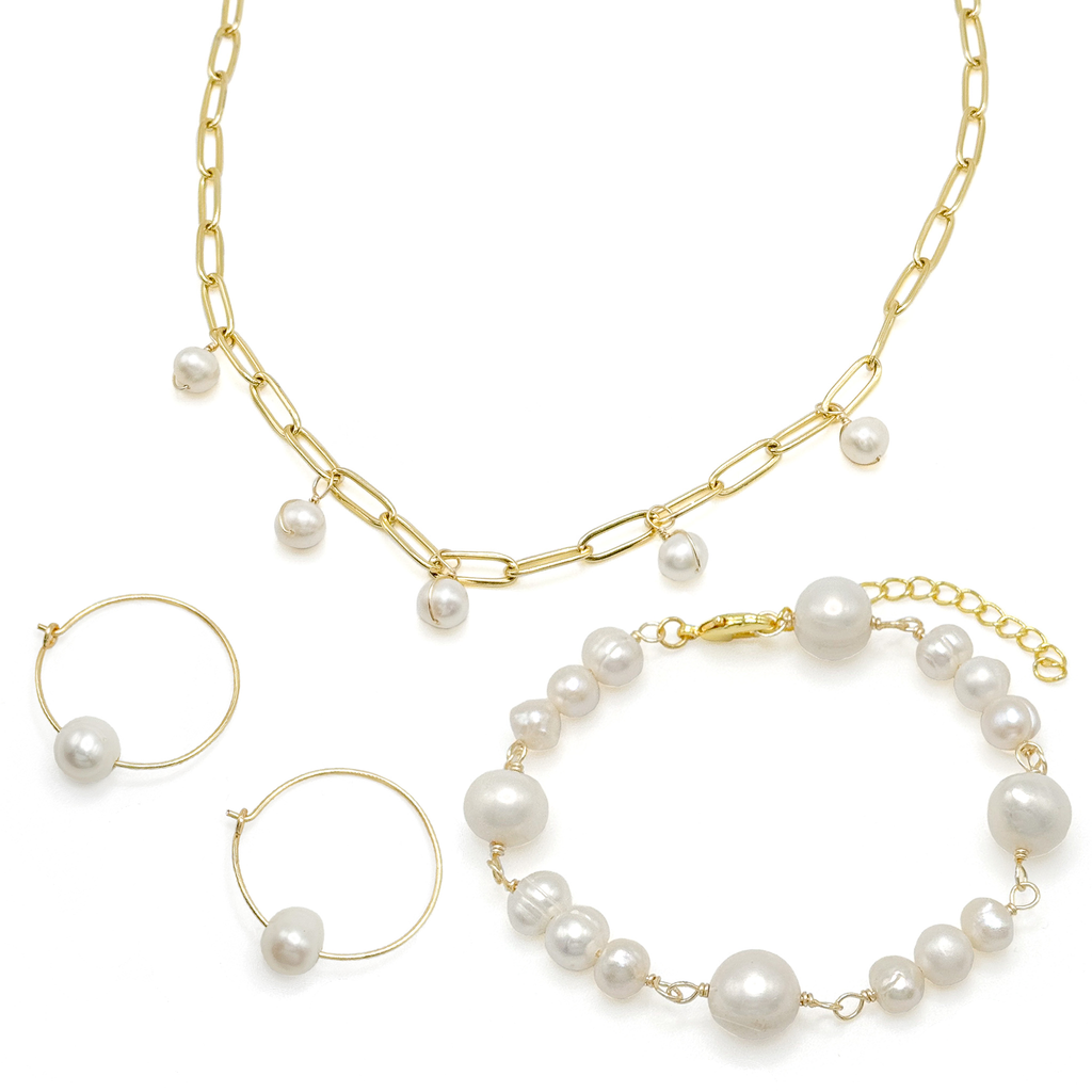 Celestial pearl and gold paperclip chain necklace