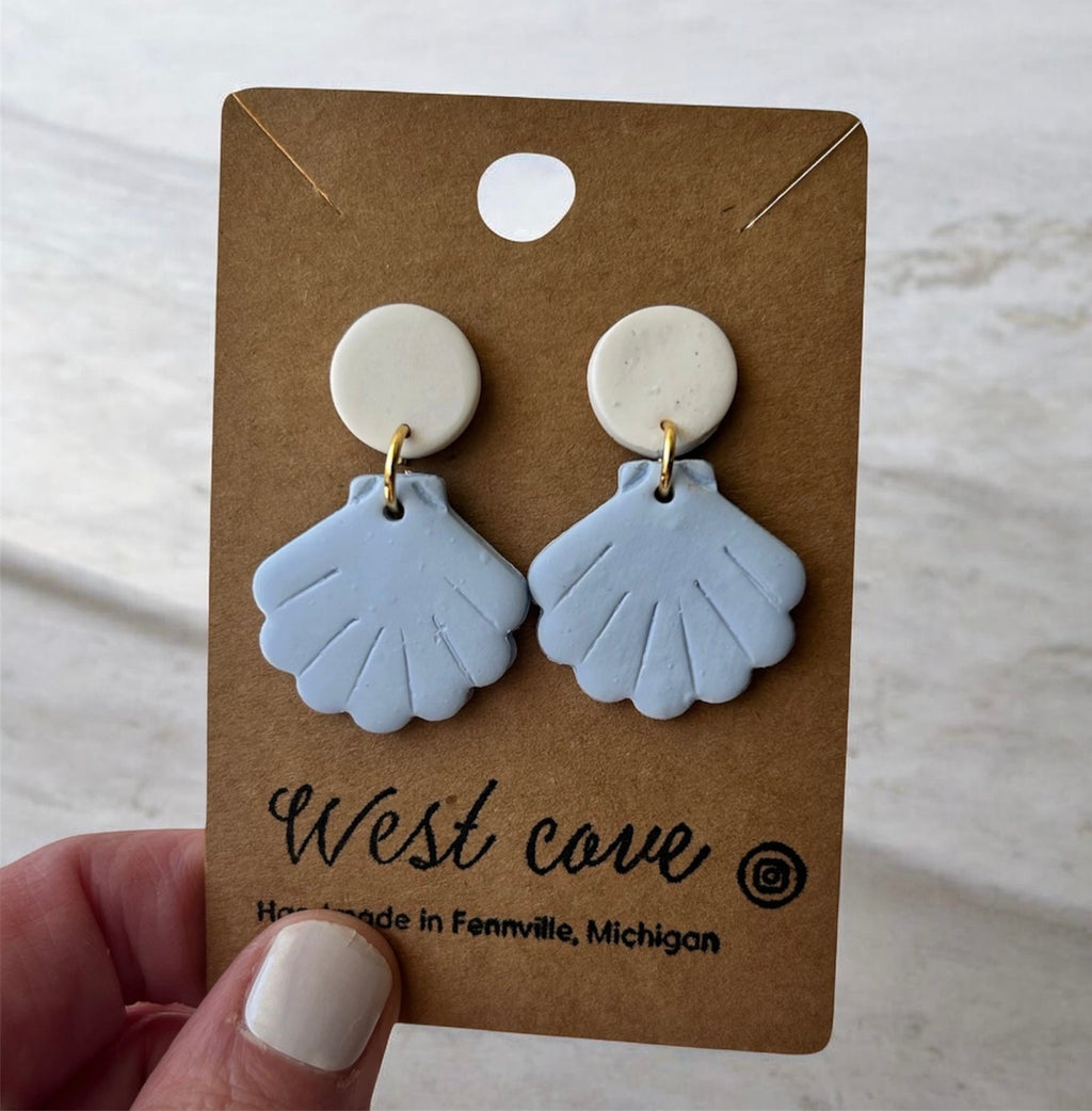 Blue Sea Shell Polymer Clay Stud Dangle Earrings Coastal Beachy Hypoallergenic