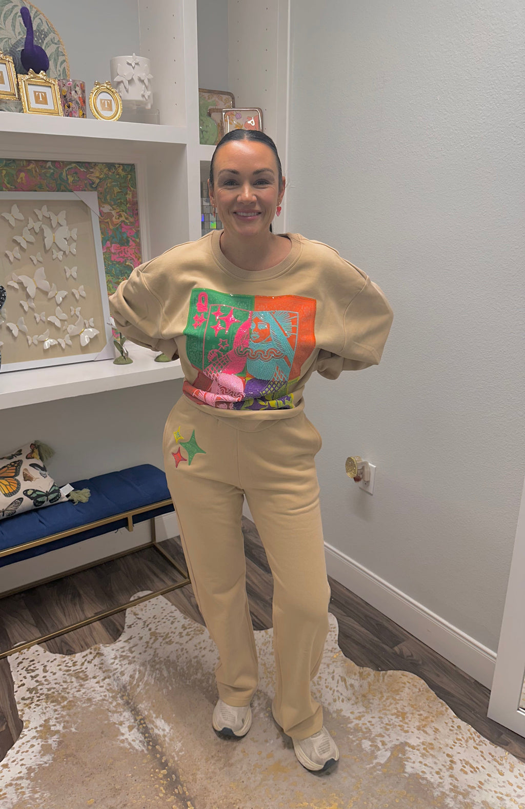 QOS  Beige Colorblock Bandana QOS Card Logo Sweat Pant