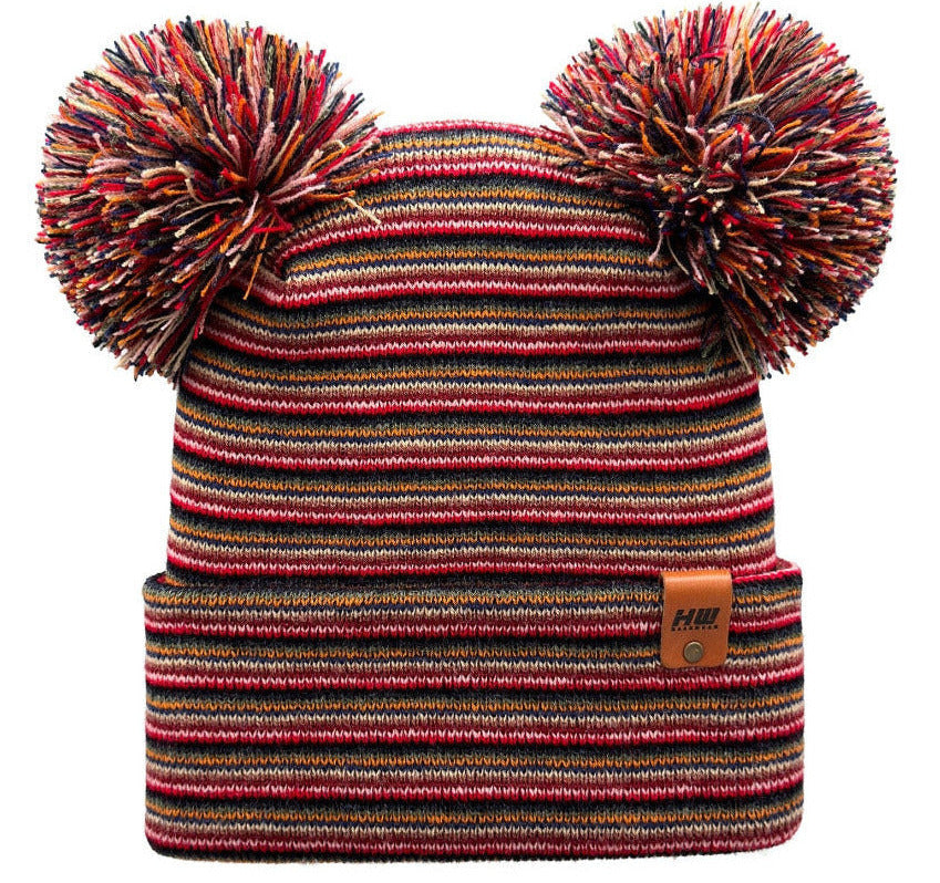 Haakwear Double Pom Pom, H Stitch Beanie, Multi Color Hat, Made in USA