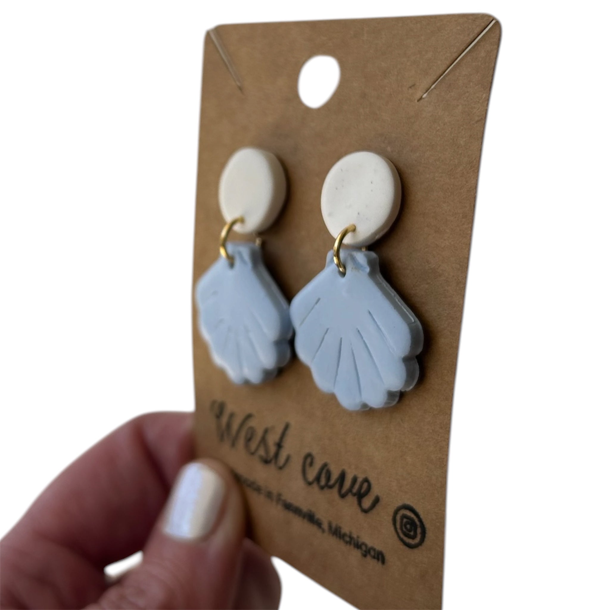 Blue Sea Shell Polymer Clay Stud Dangle Earrings Coastal Beachy Hypoallergenic
