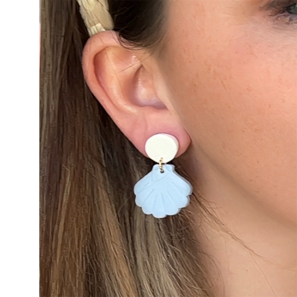 Blue Sea Shell Polymer Clay Stud Dangle Earrings Coastal Beachy Hypoallergenic