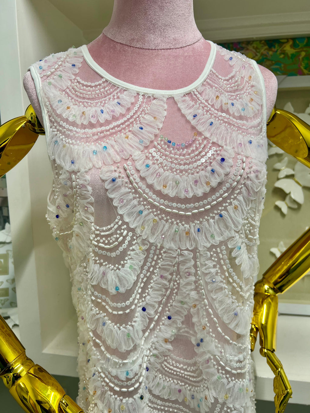 Queen of Sparkles White Lace & Sequin Sheer Midi Dress/Coverup