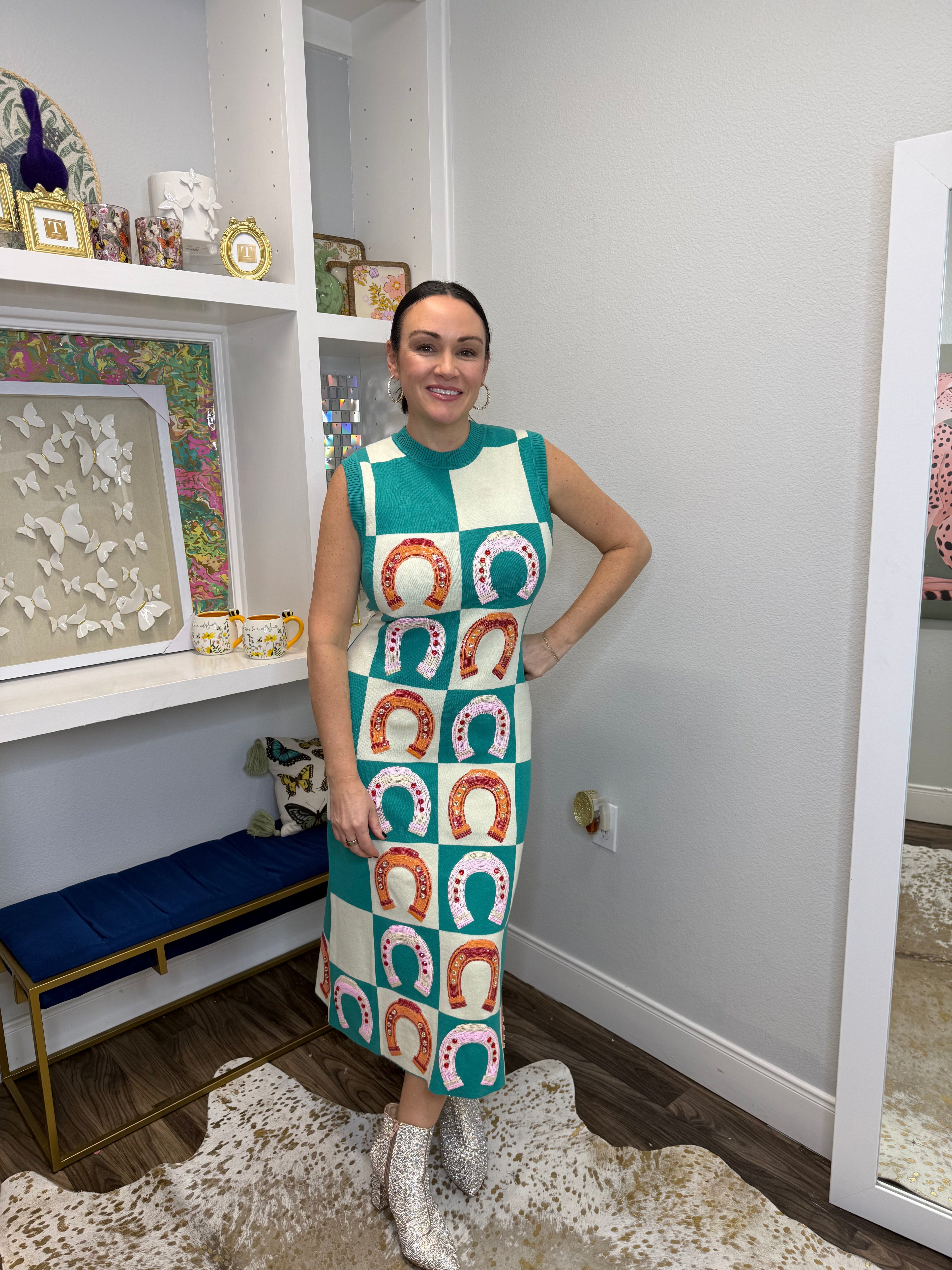 Queen of Sparkles Teal Checkered Horse Shoe Knit Maxi Dress