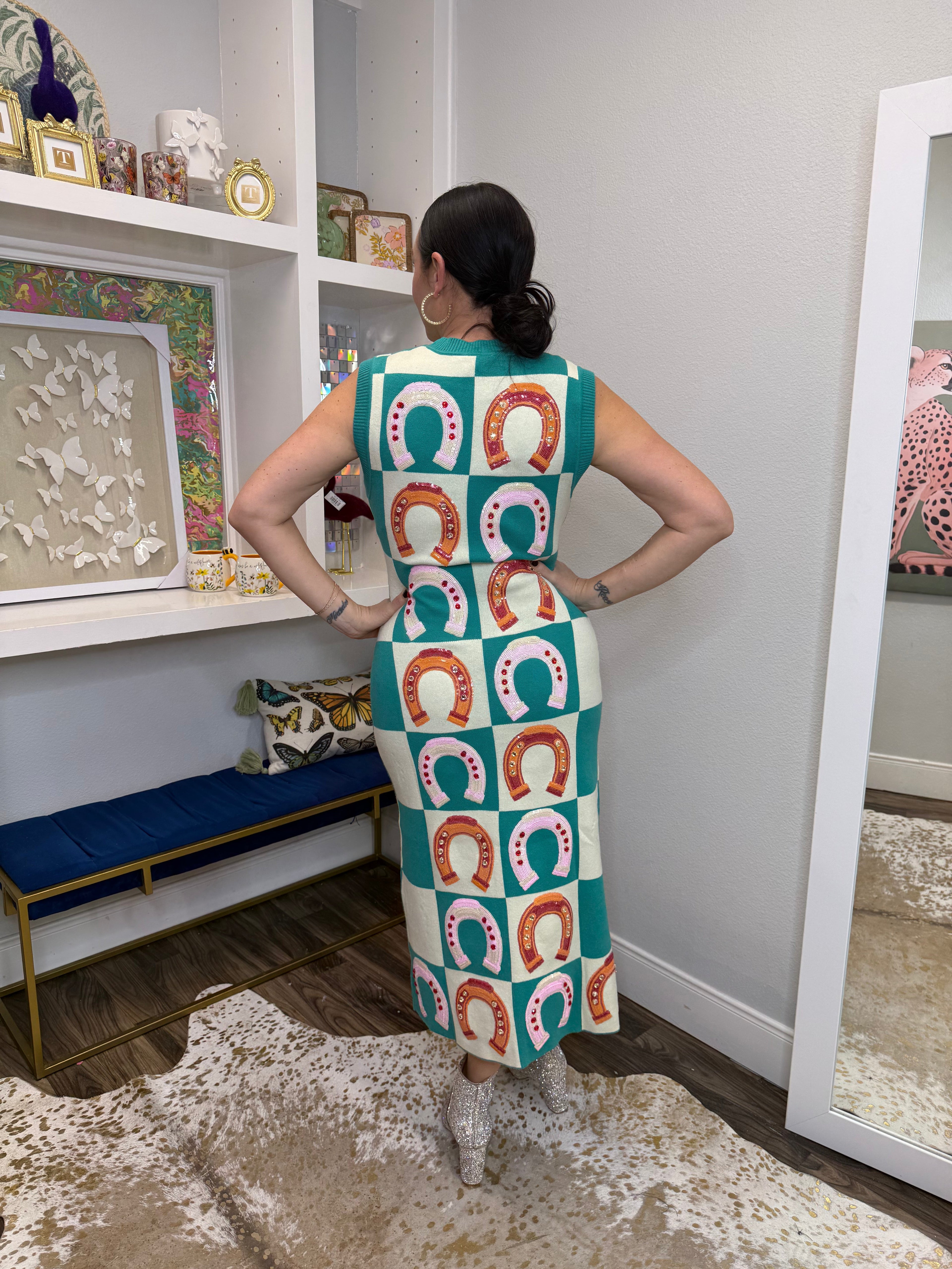 Queen of Sparkles Teal Checkered Horse Shoe Knit Maxi Dress