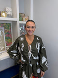 QOS Dark Green & Ivory Western Icon Tie Up Long Sleeve Top