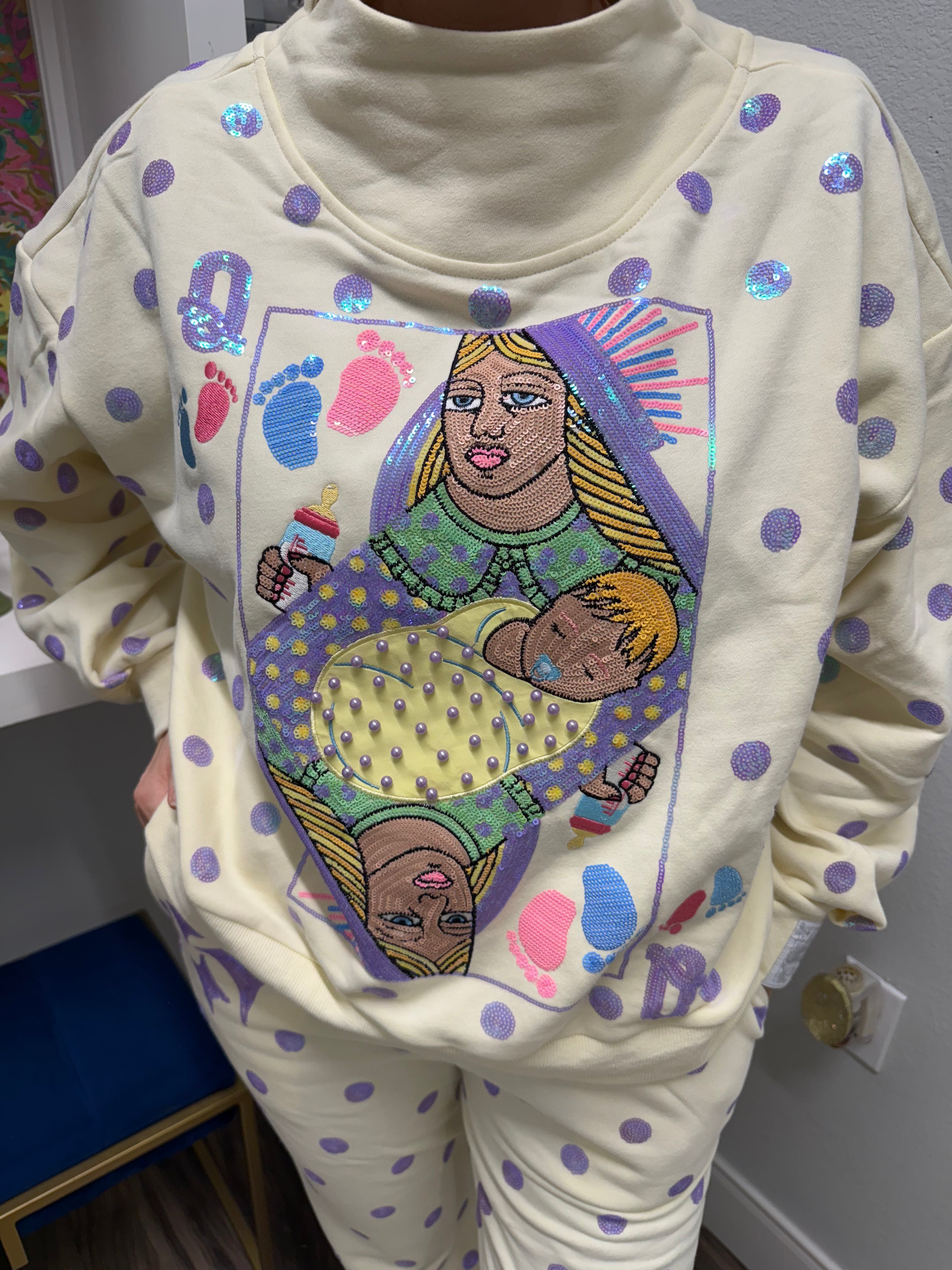 Queen of Sparkles Beige & Lavender Polka DotQOS Mama Card Logo Sweatshirt