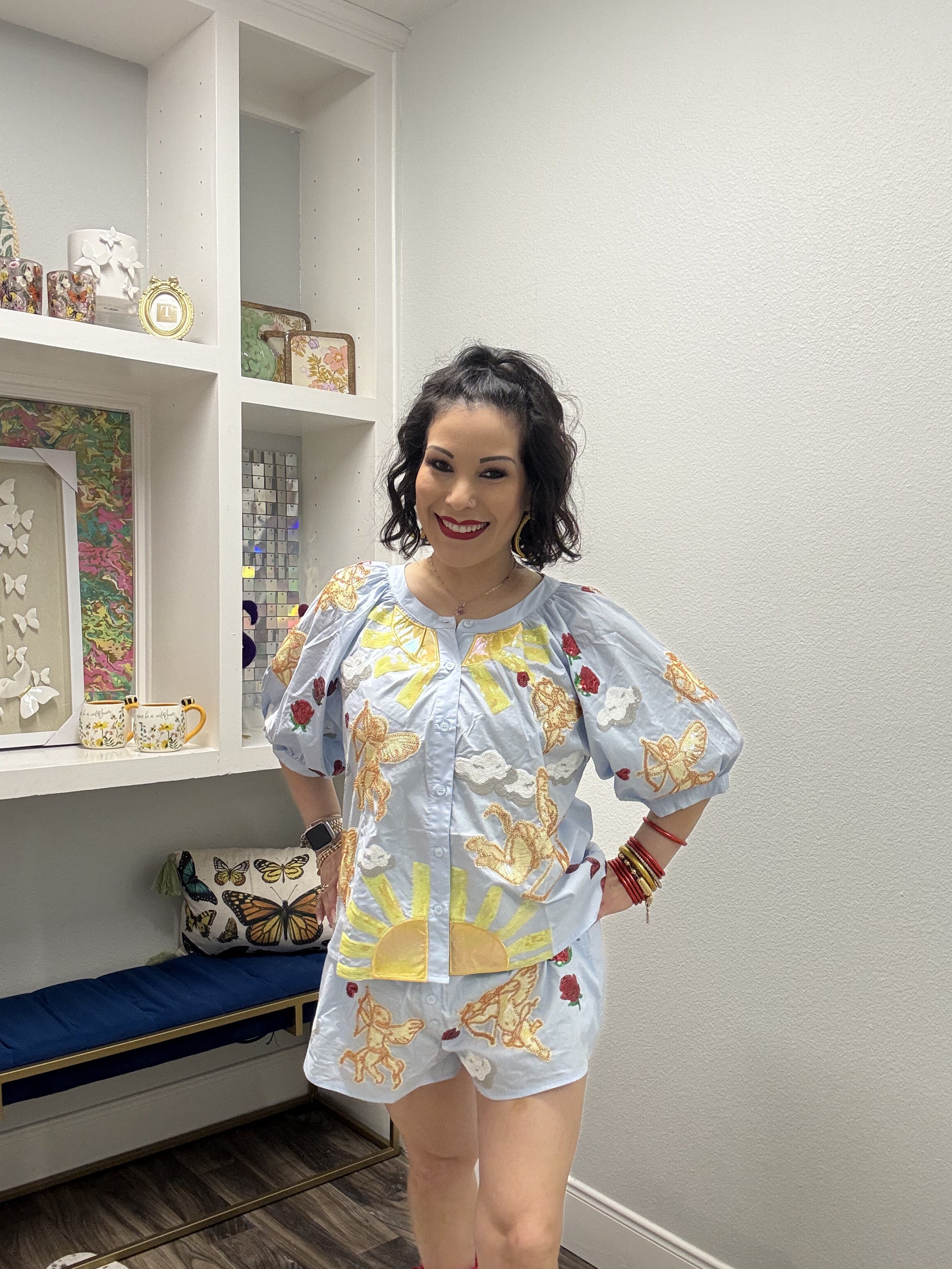 Queen of Sparkles Light Blue Cupid in the Sky Cotton Button Up
