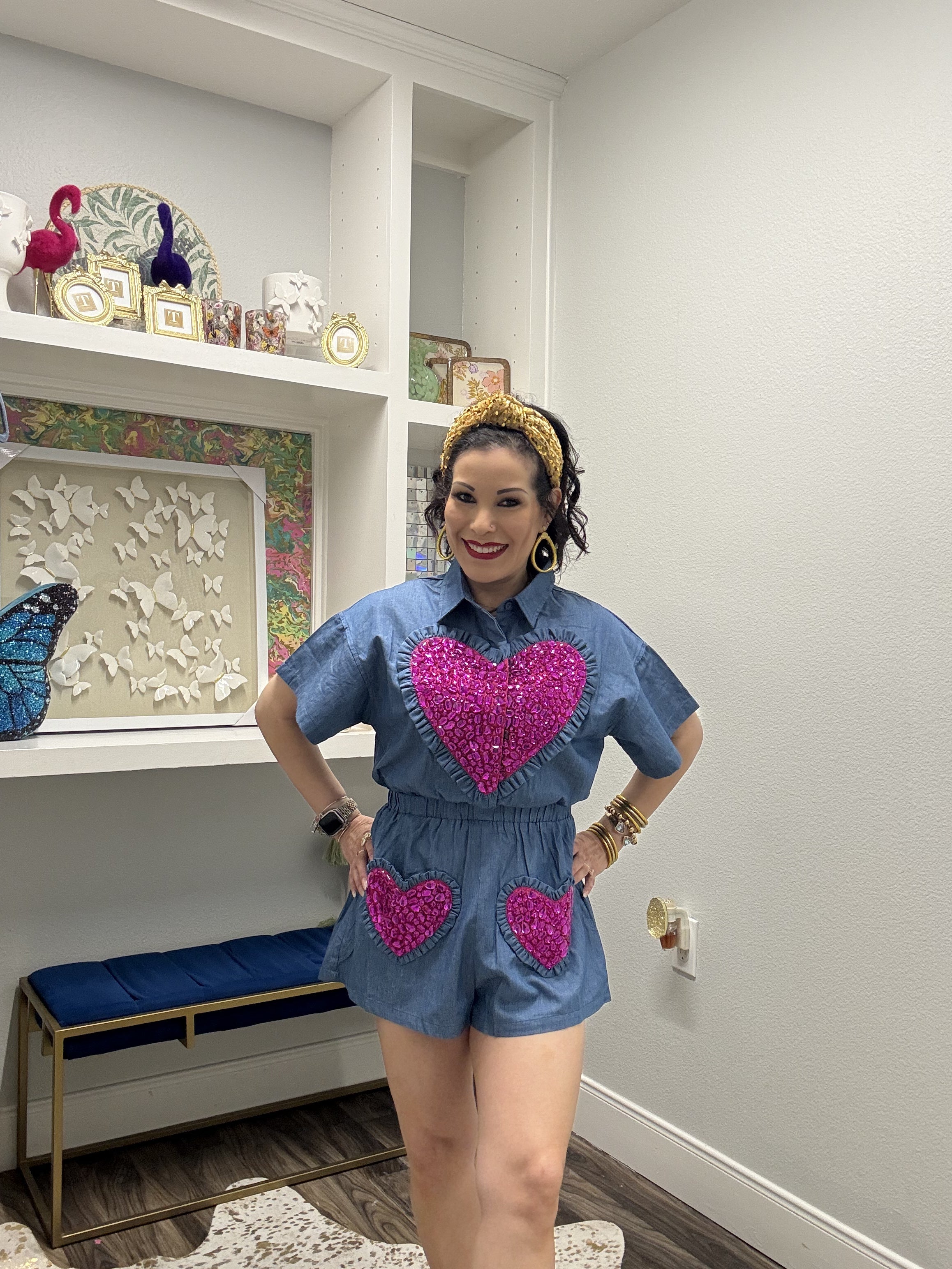 Queen of Sparkles Denim & Purple Oversized Jeweled Ruffle Heart Romper