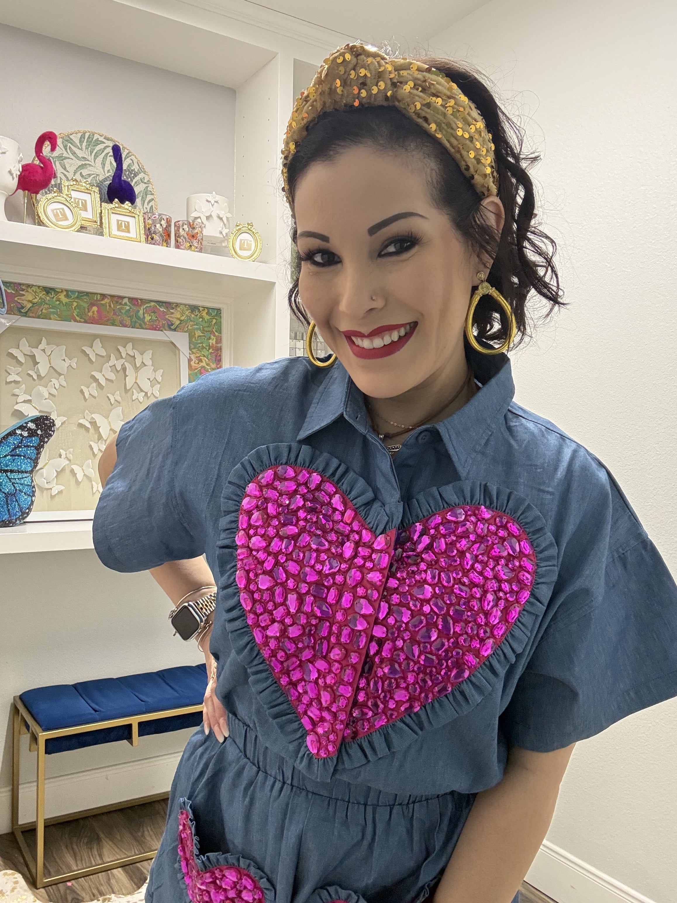 Queen of Sparkles Denim & Purple Oversized Jeweled Ruffle Heart Romper