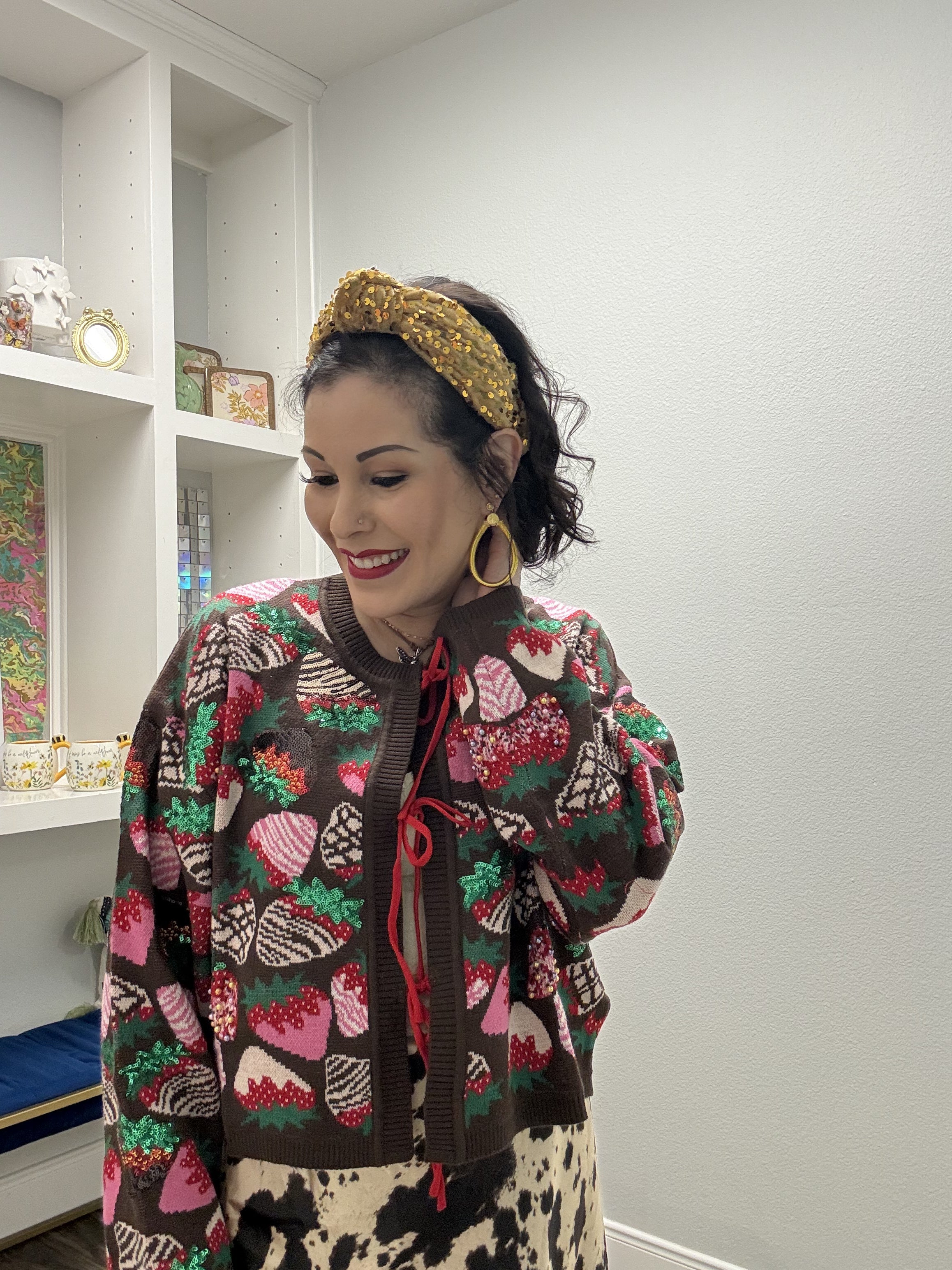 Queen of Sparkles Brown Multi Strawberry Tie Up Sweater