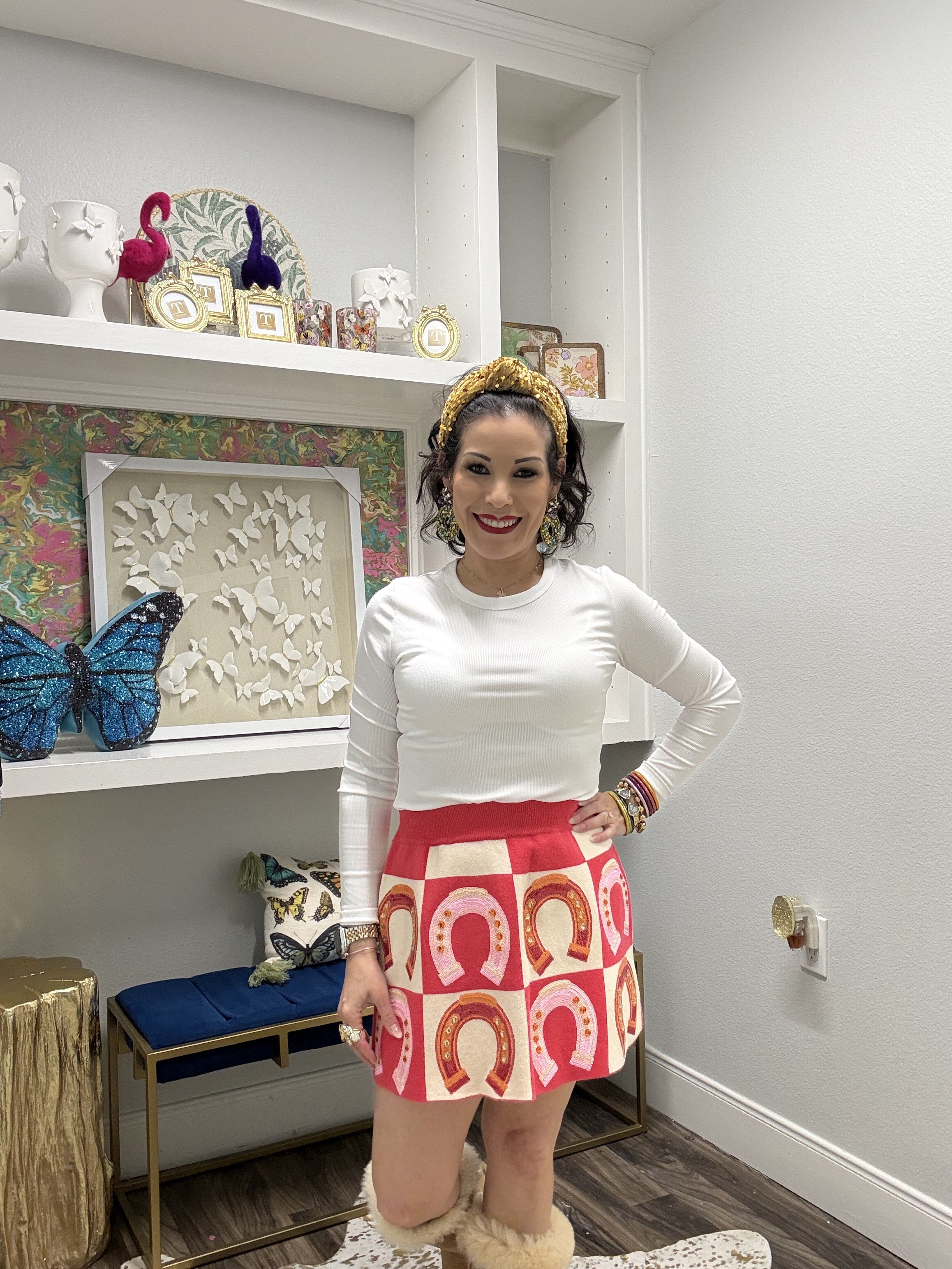 QOS Hot Pink Checkered Horse Shoe Skirt