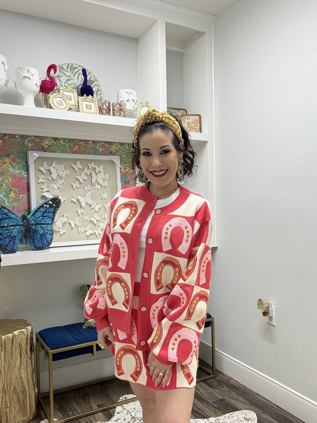 QOS Hot Pink Checkered Horse Shoe Button Up Sweater