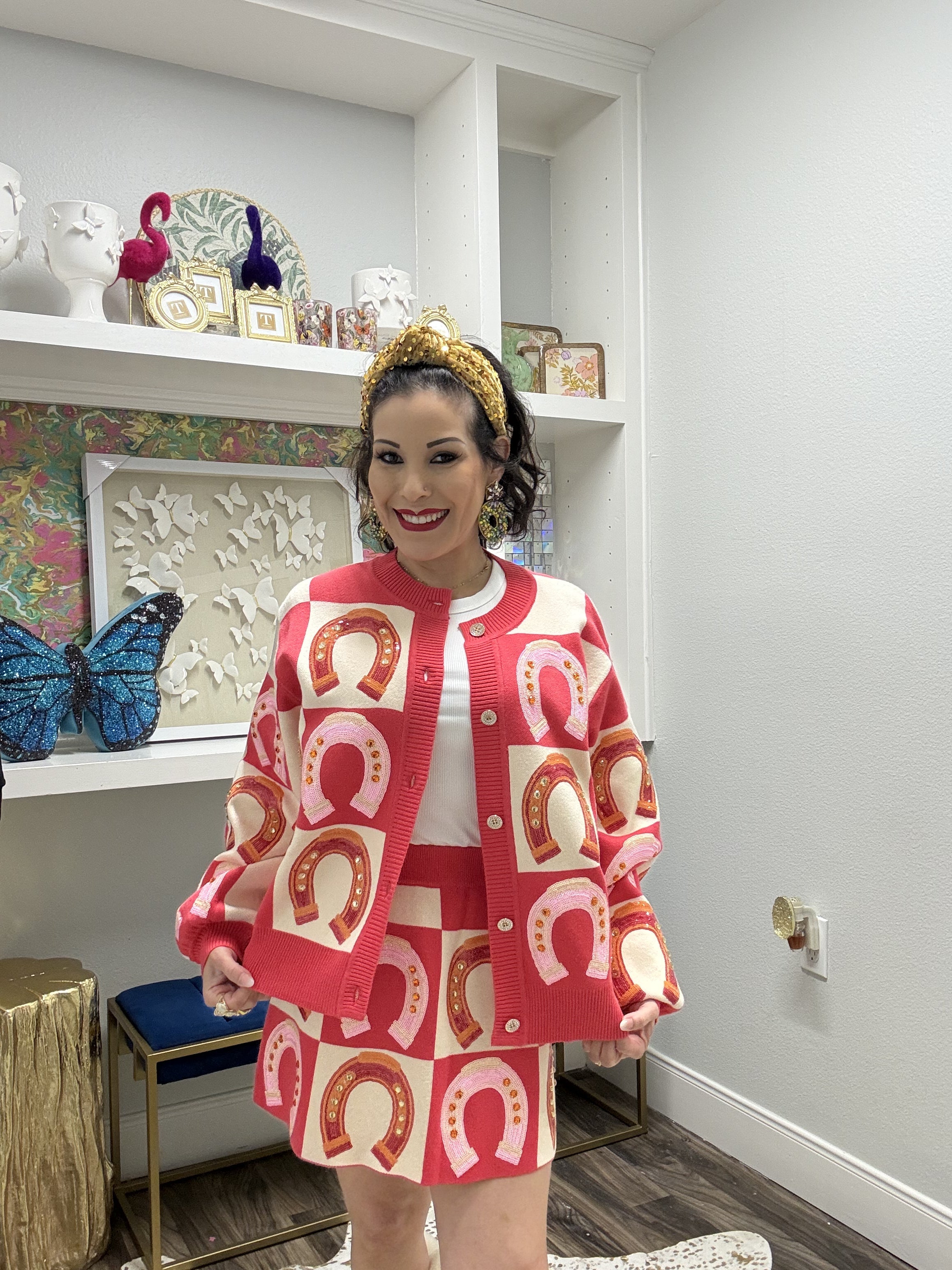 QOS Hot Pink Checkered Horse Shoe Button Up Sweater