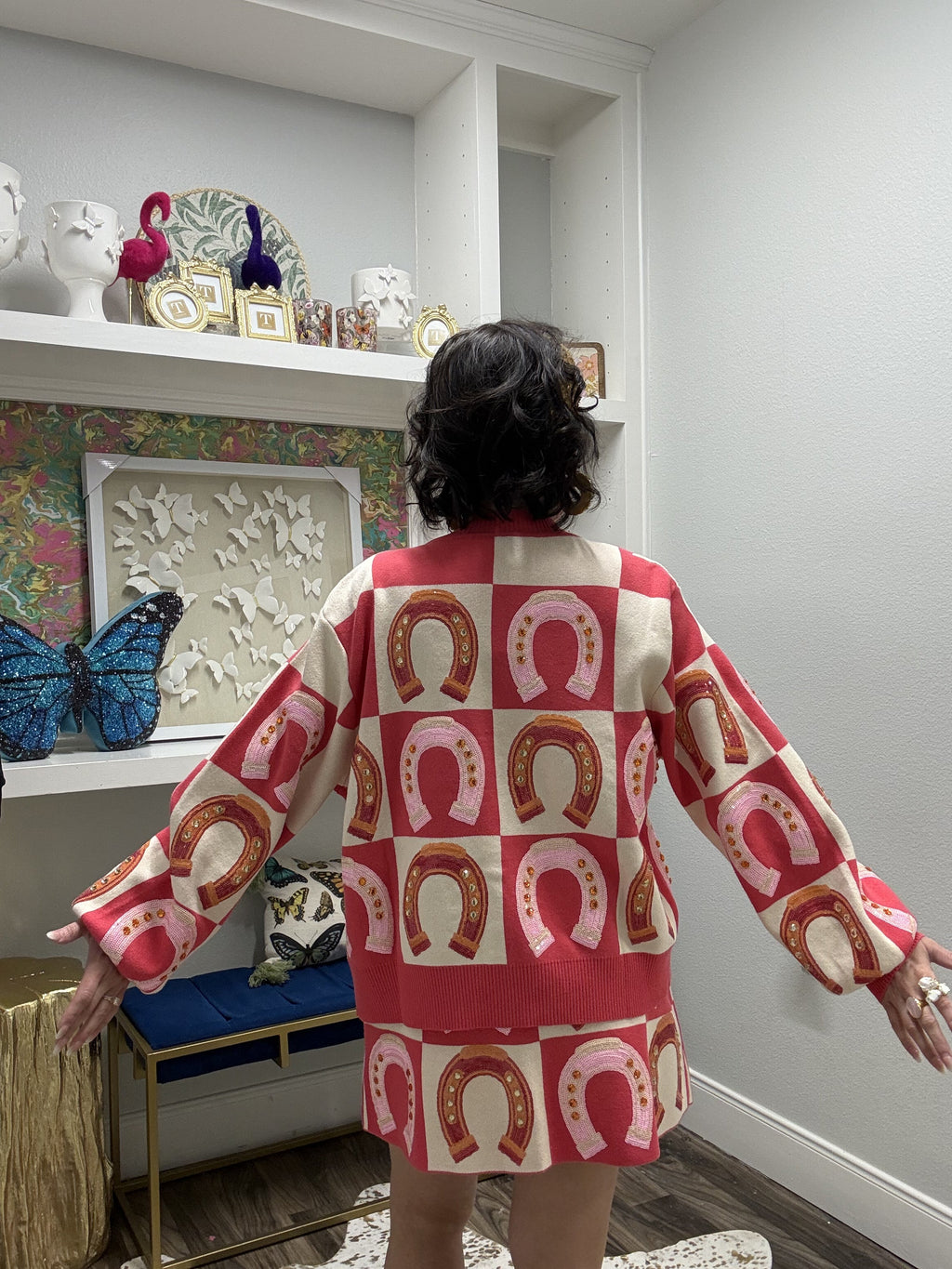 QOS Hot Pink Checkered Horse Shoe Button Up Sweater