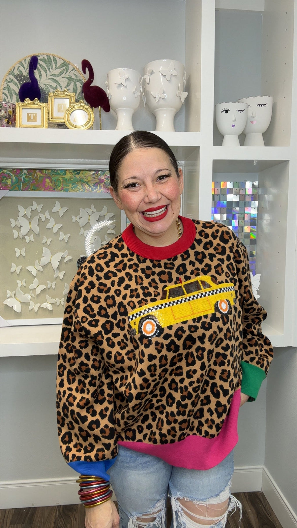 QOS Leopard Colorblock Trim Taxi Cab Sweater