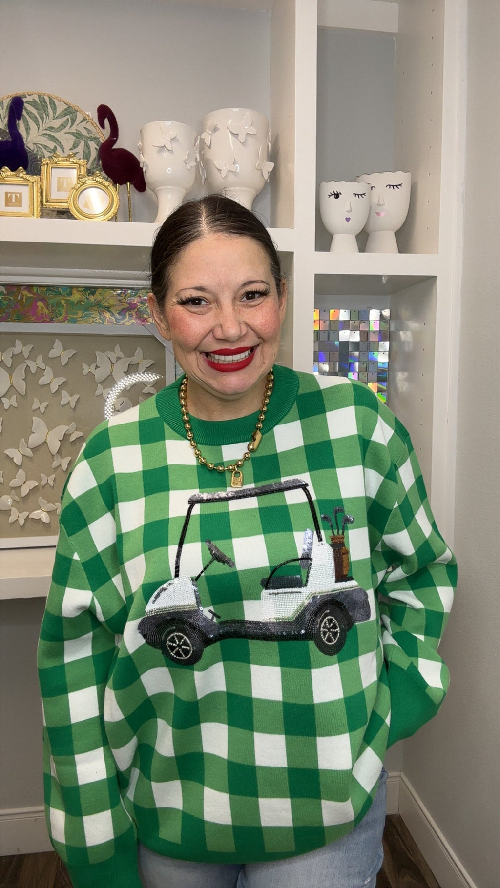 QOS Green & White Checkered Golf Cart Sweater