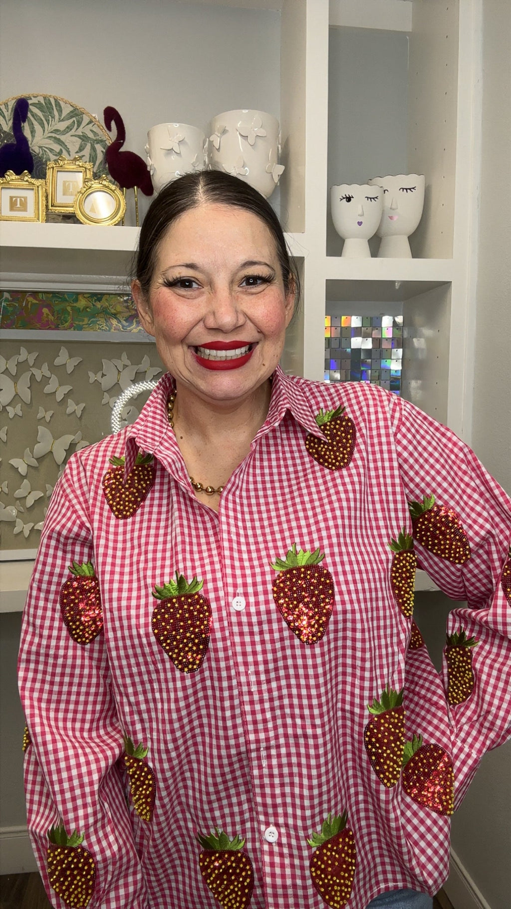 QOS Red & White Gingham Beaded Strawberry Button Up Cotton Long Sleeve Top