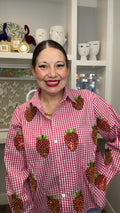 QOS Red & White Gingham Beaded Strawberry Button Up Cotton Long Sleeve Top