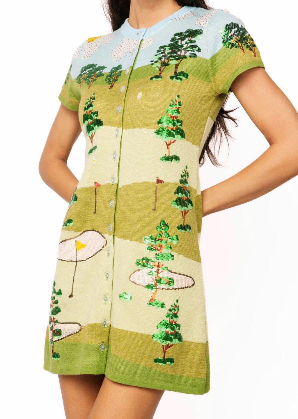 QOS Multi Golf Course Scene Knit Button Up Short Sleeve Dress