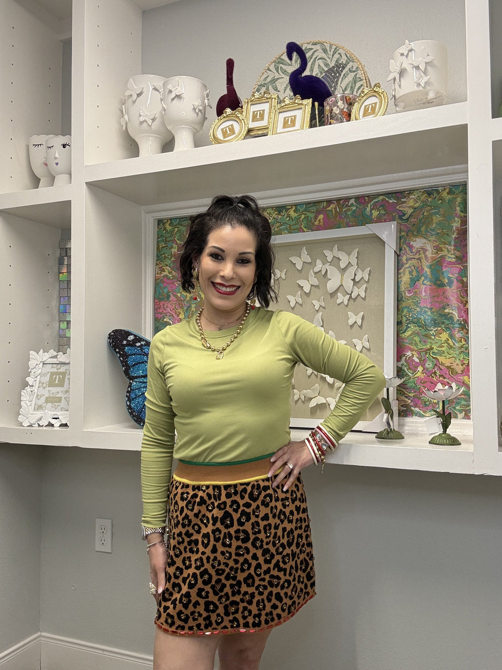 QOS Leopard Rhinestone Knit Skirt
