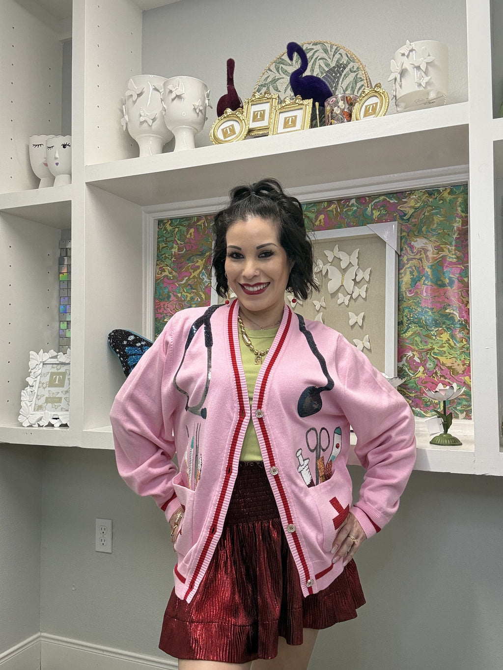 Queen of Sparkles Pink Medical Instrument Button Up Cardigan