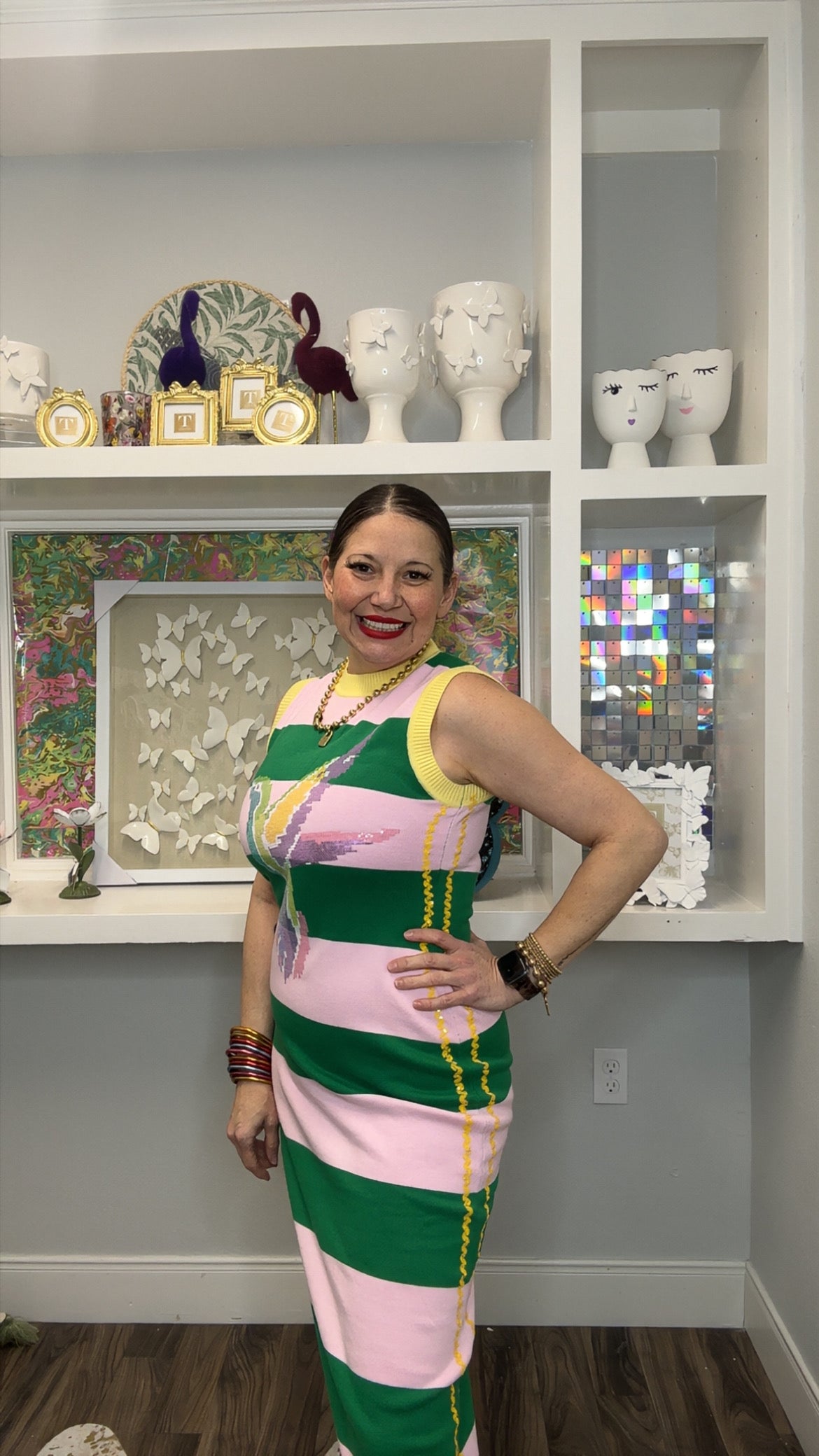 QOS Green & Pink Striped Hummingbird Knit Midi Dress