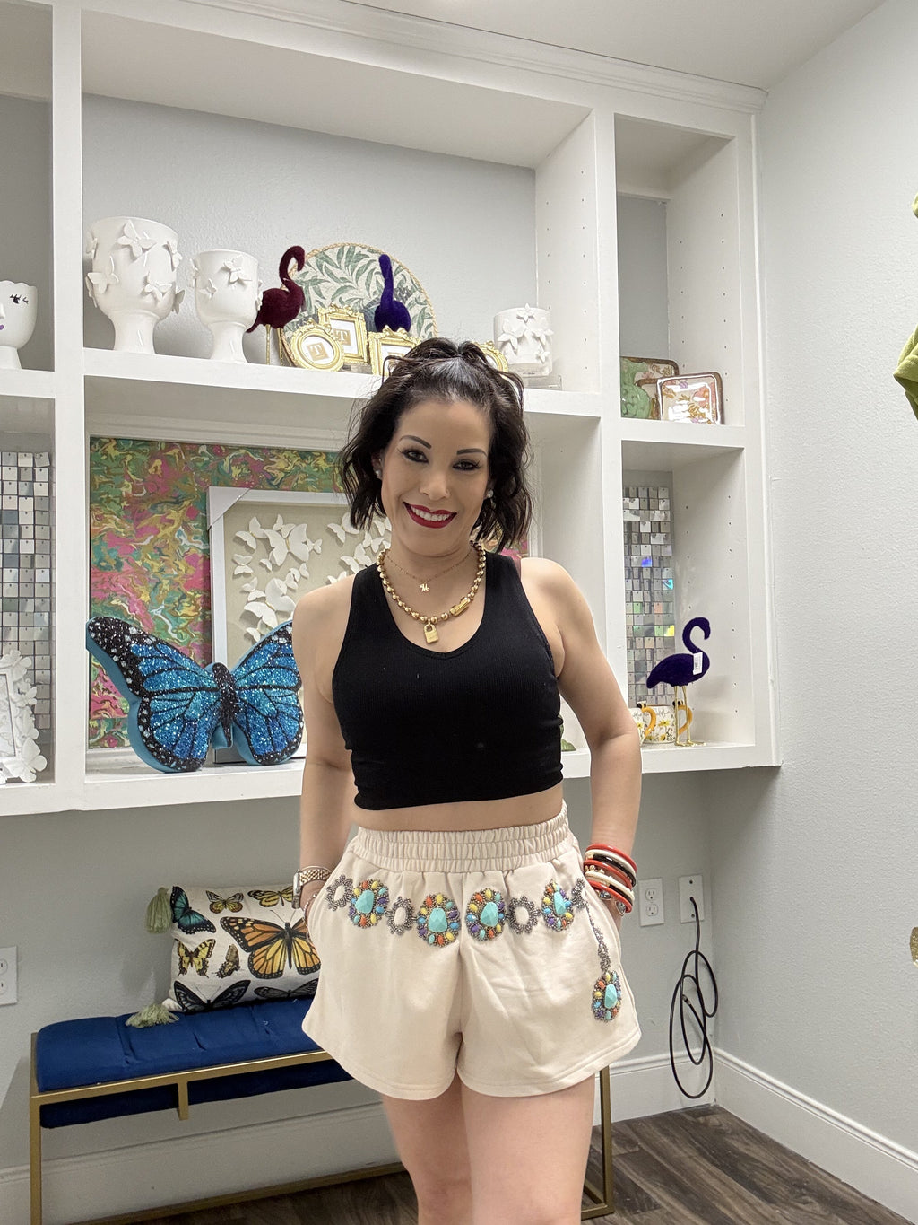 QOS Beige Multi Turquoise Necklace Short