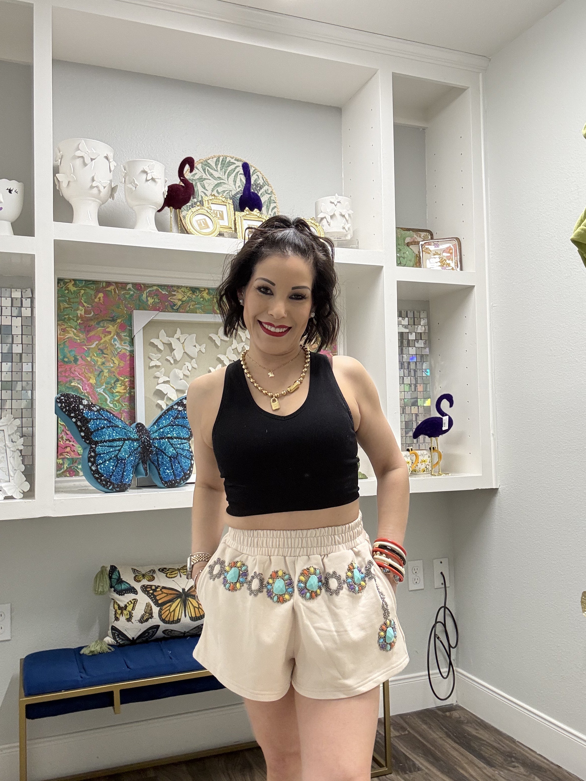 QOS Beige Multi Turquoise Necklace Short