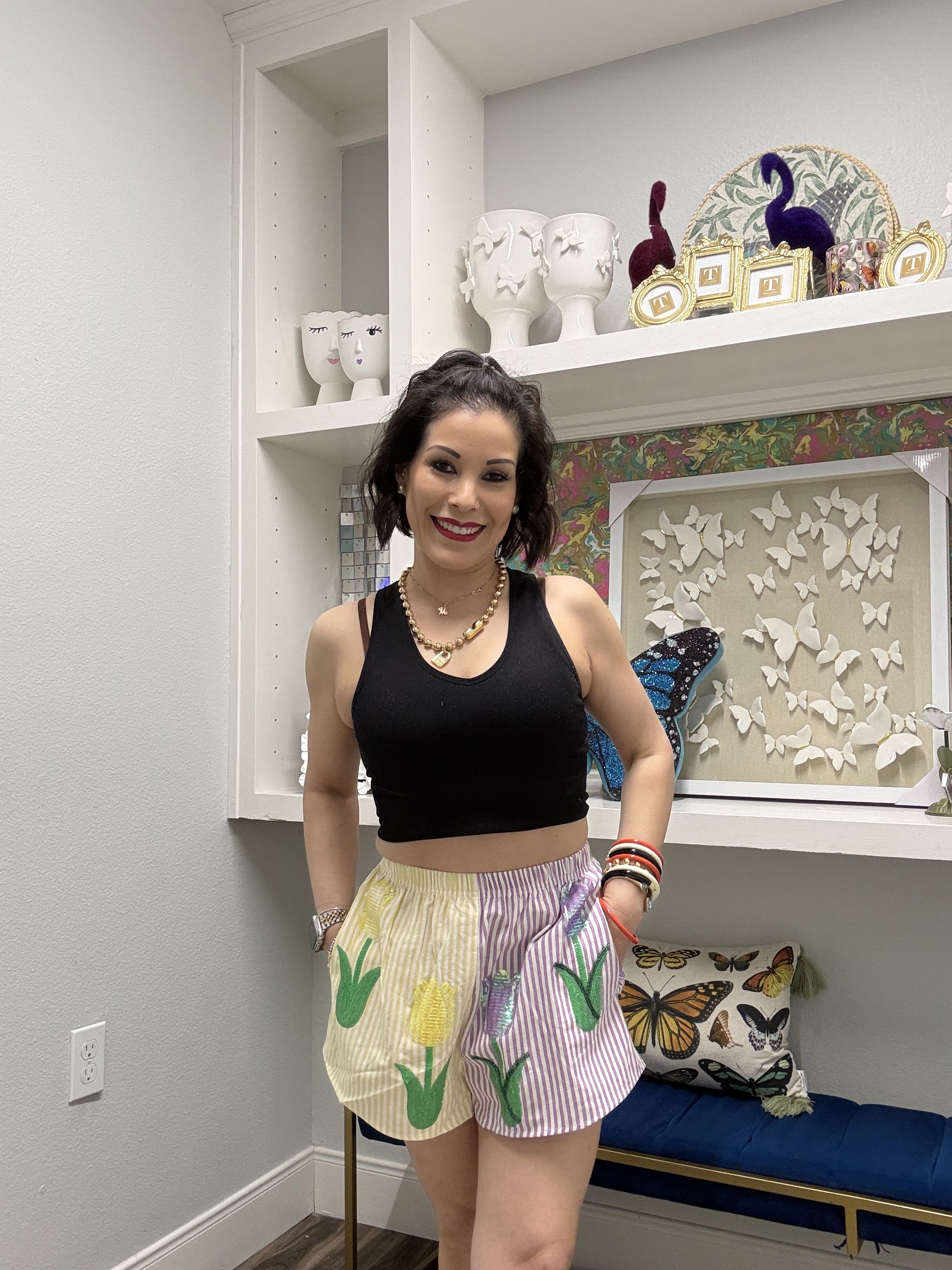 QOS Striped Colorblock Sequin Tulip Cotton Short