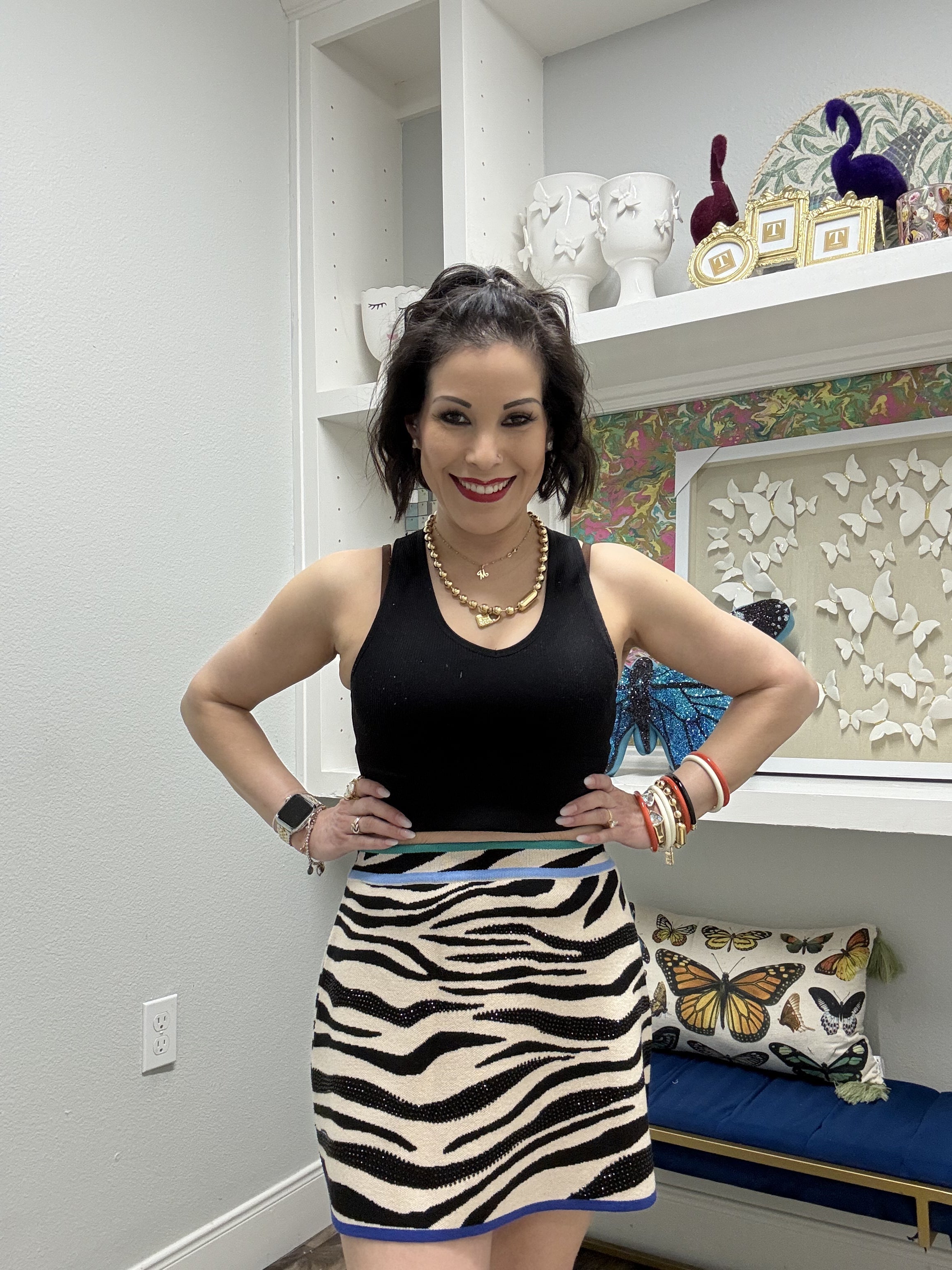 QOS Zebra Rainbow Trim Knit Skirt
