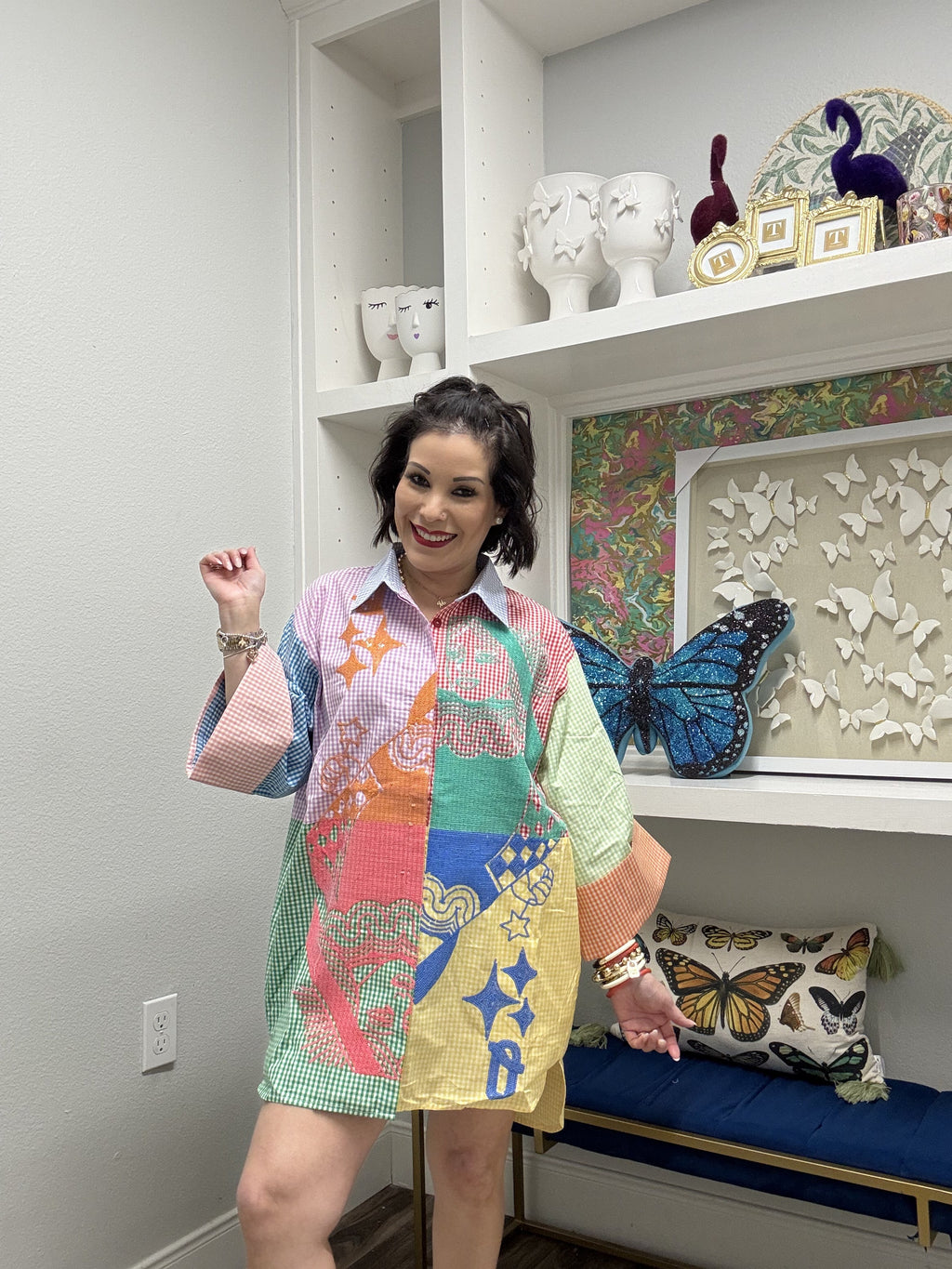 QOS Colorblock Gingham Queen Card Logo Button Up Cotton Tunic