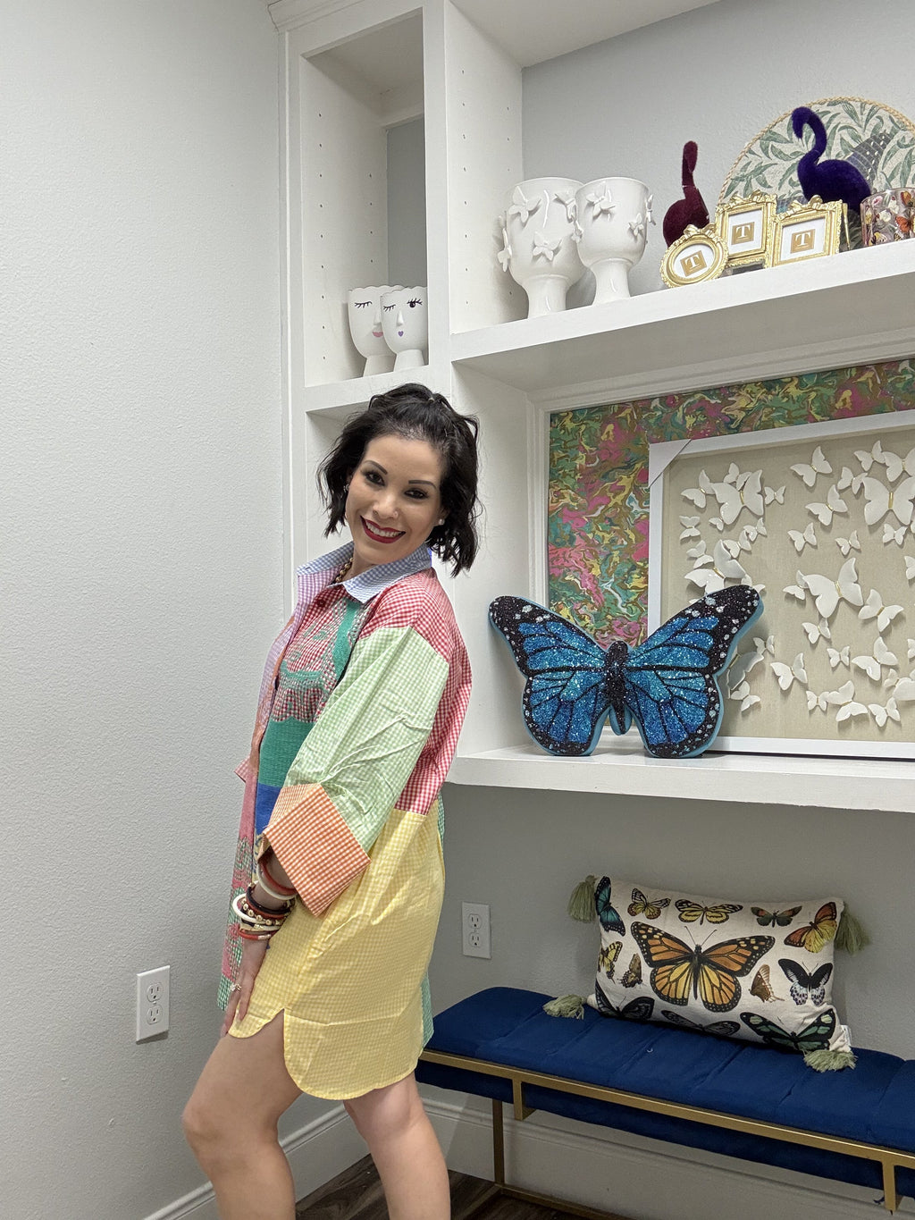 QOS Colorblock Gingham Queen Card Logo Button Up Cotton Tunic