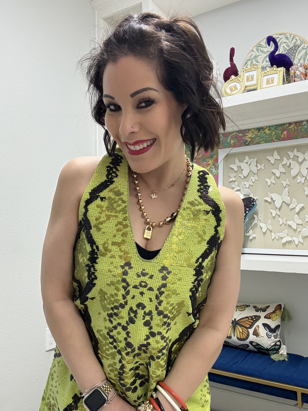 QOS Green & Black Snake Print Full Sequin V Neck Tank Dress