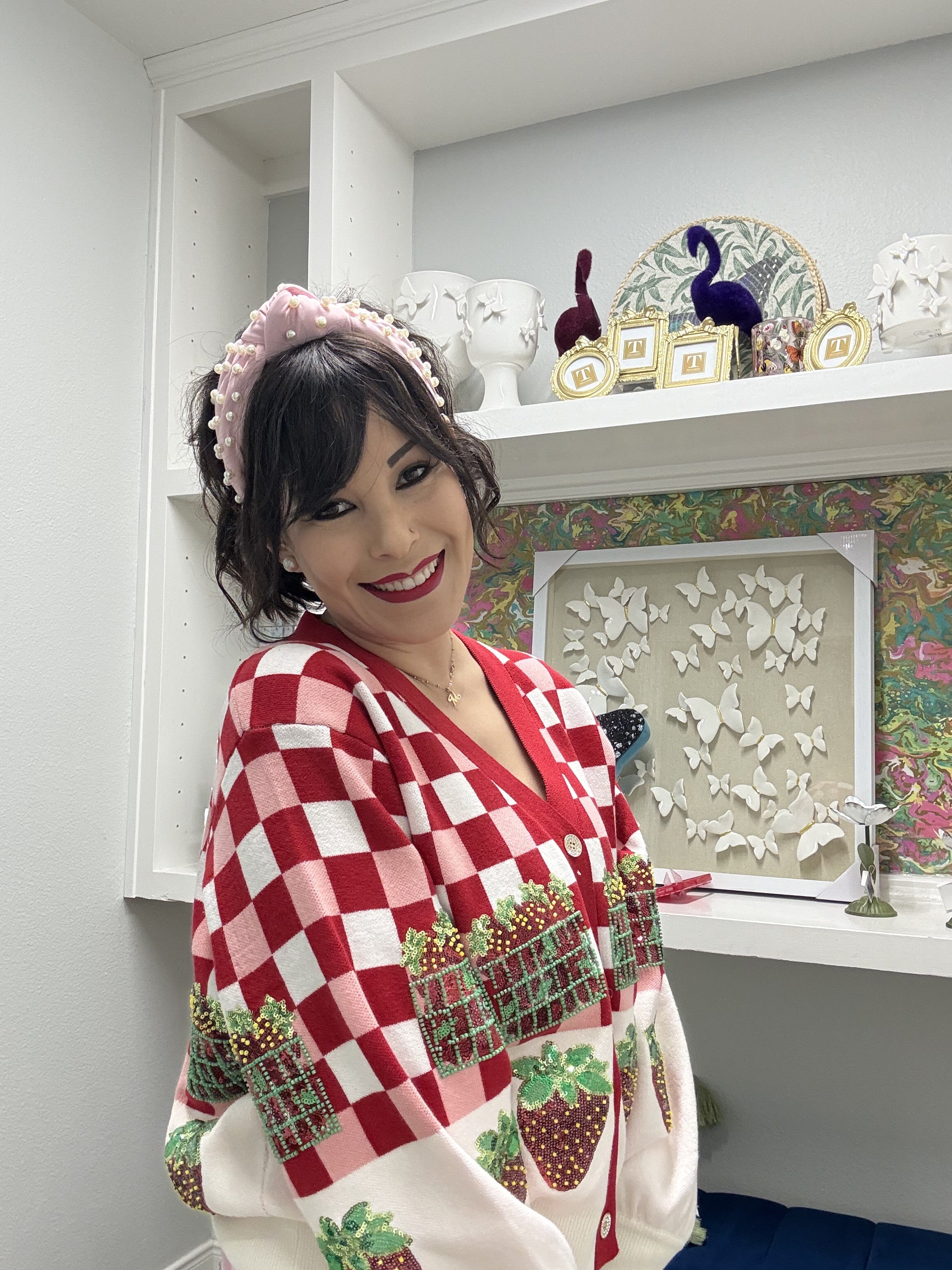 QOS Red & White Checkered Strawberry Button Up Cardigan