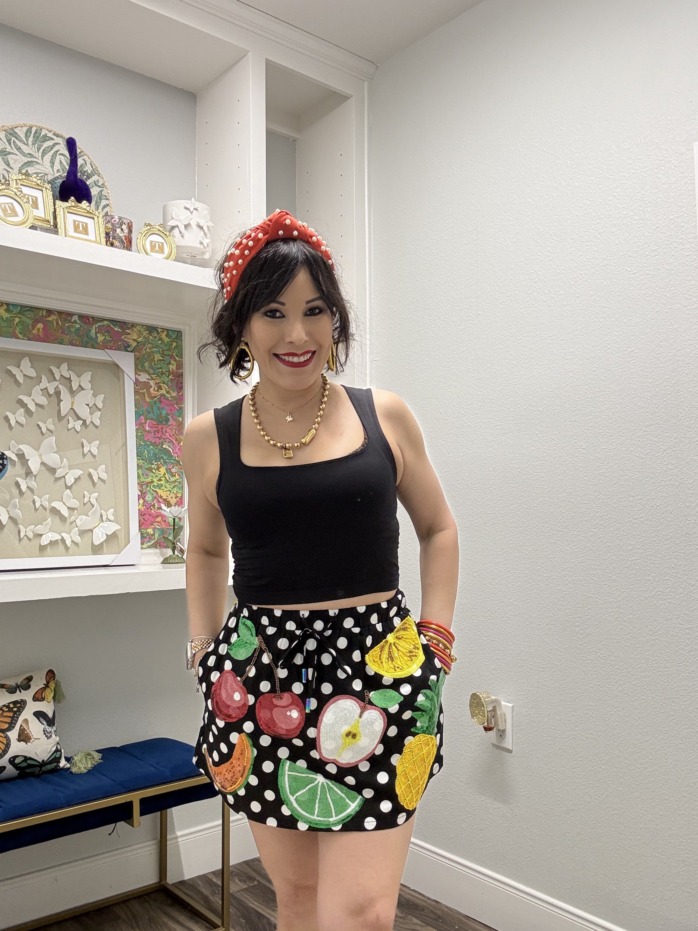 QOS Black & White Polka Dot Fruit Cotton Skirt